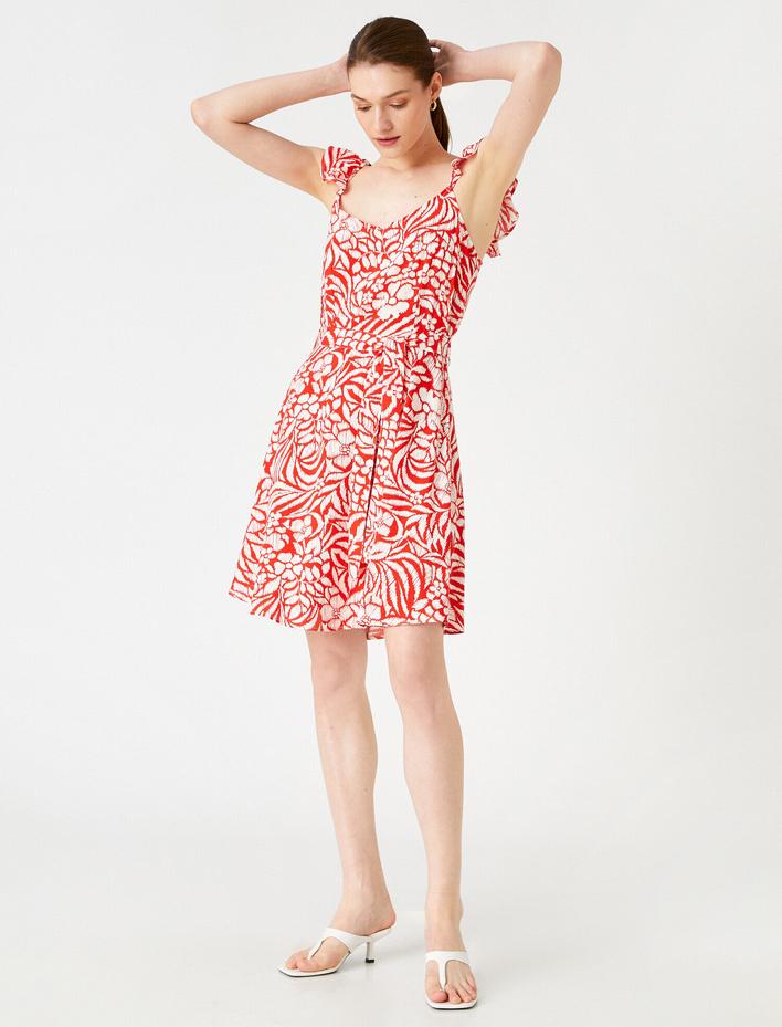  Çiçekli Mini Viskon Elbise V Yaka Askılı Kuşaklı