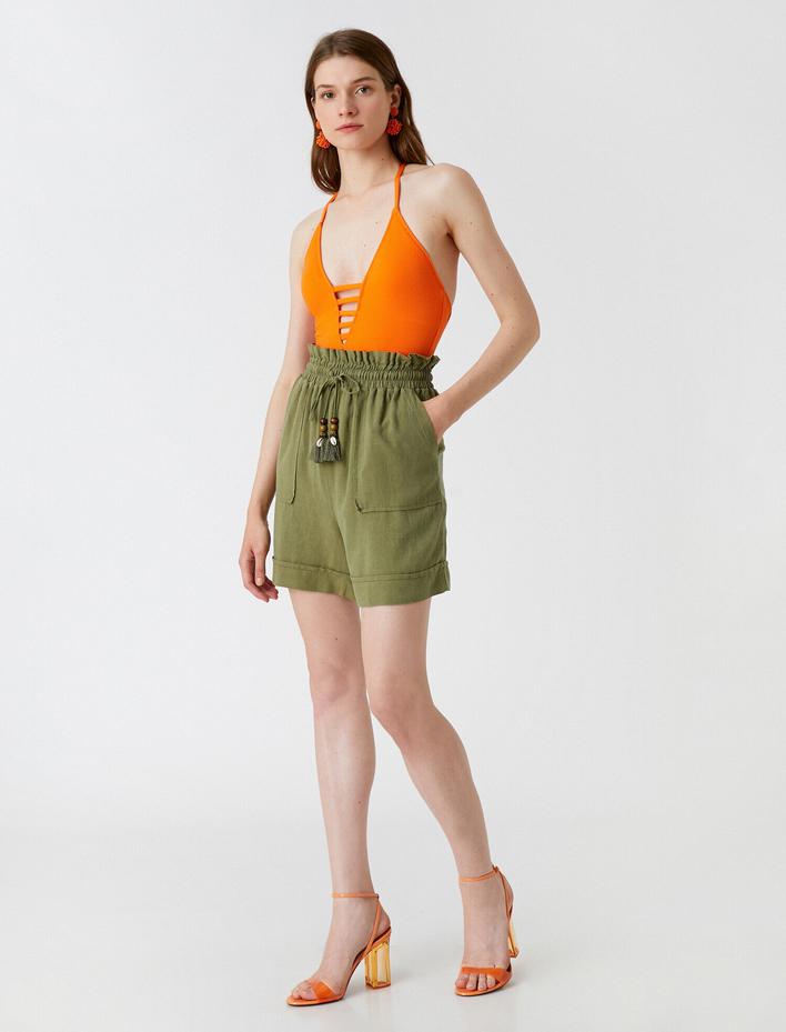  Keten Karışımlı Şort Cepli Beli Bağlamalı