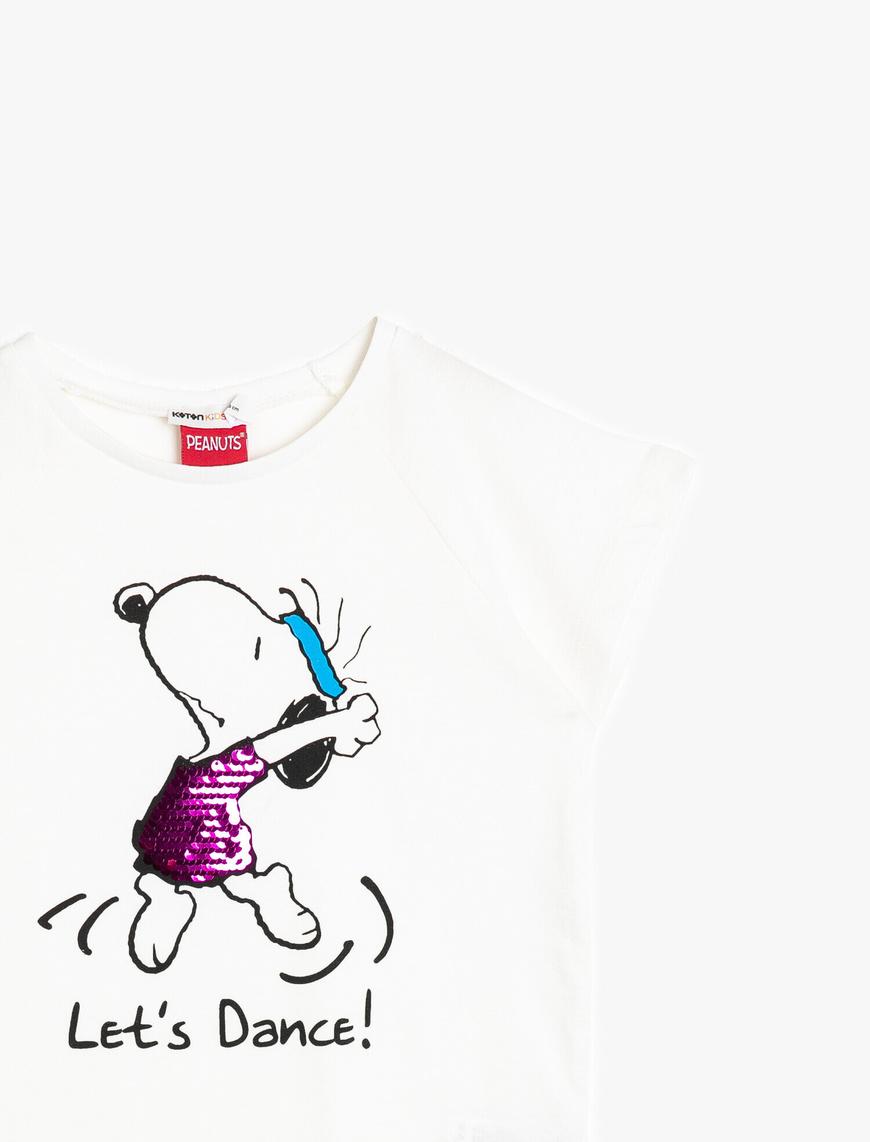  Kız Çocuk Snoopy Lisanslı Çift Taraflı Pullu Pamuklu Yumuşak Kumaştan Tişört