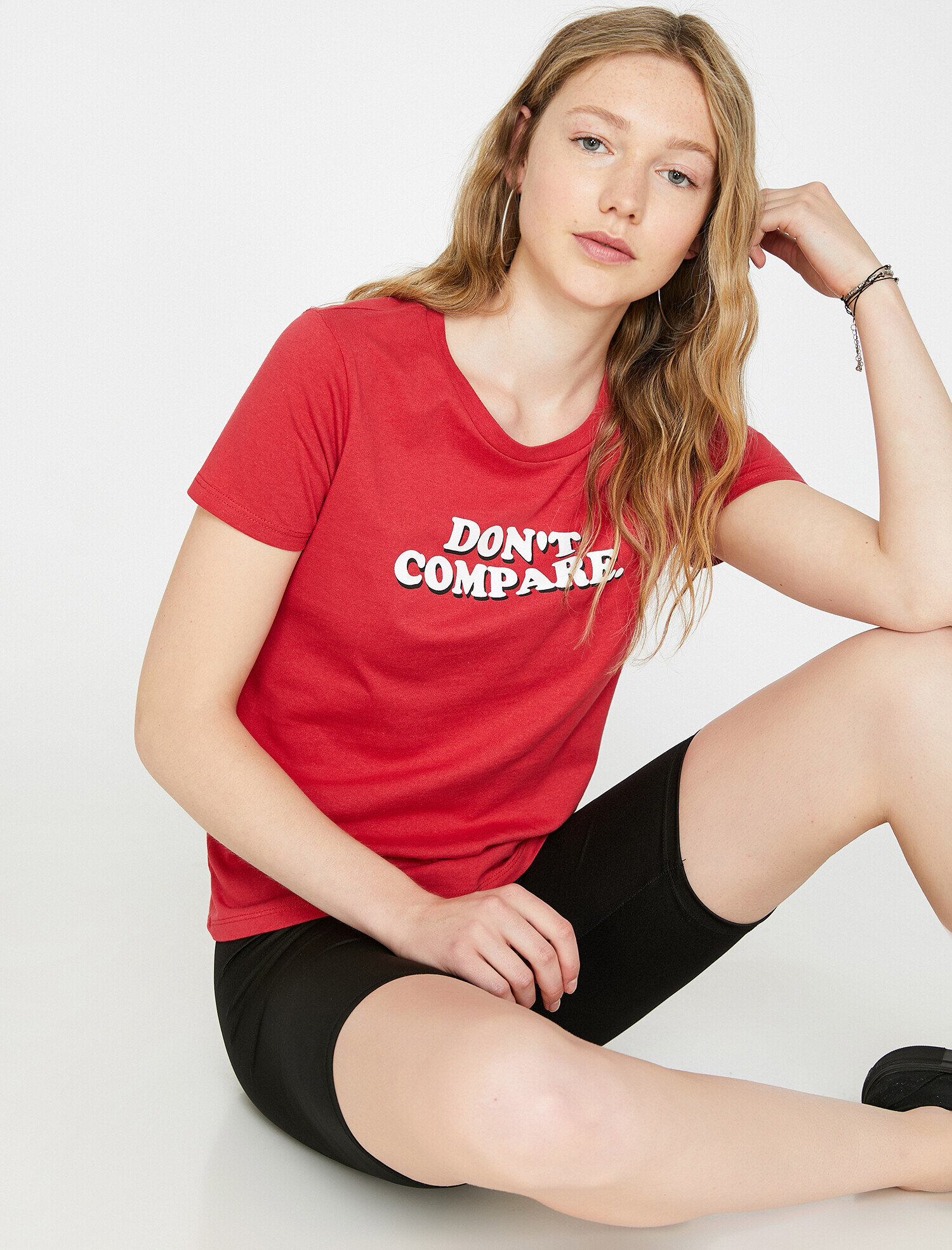   Bisiklet Yaka Slogan Baskılı Kısa Kol Tişört