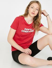 Bisiklet Yaka Slogan Baskılı Kısa Kol Tişört