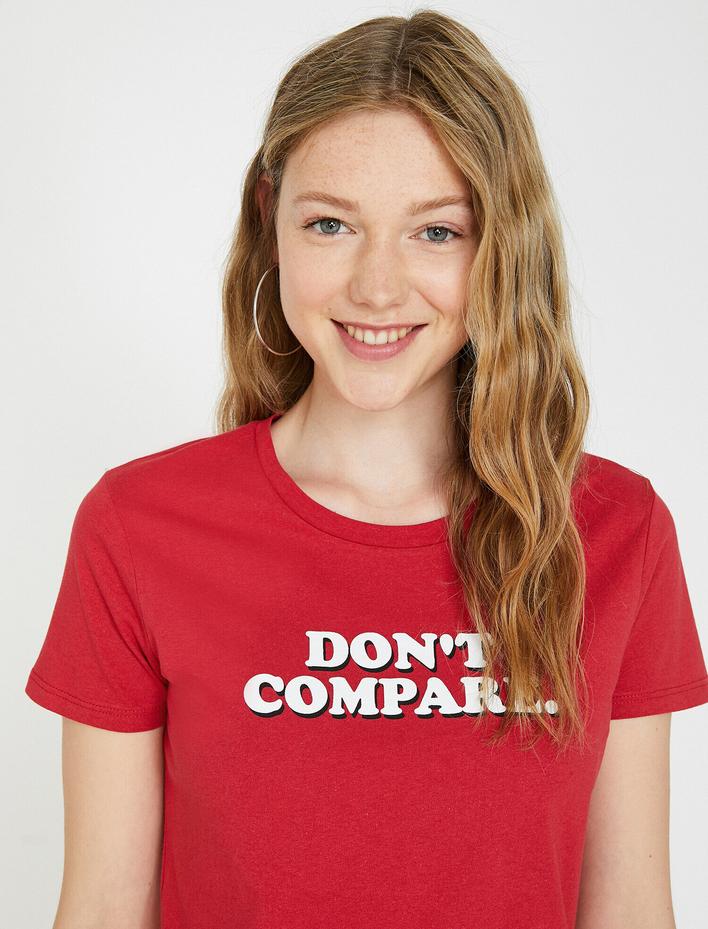  Bisiklet Yaka Slogan Baskılı Kısa Kol Tişört