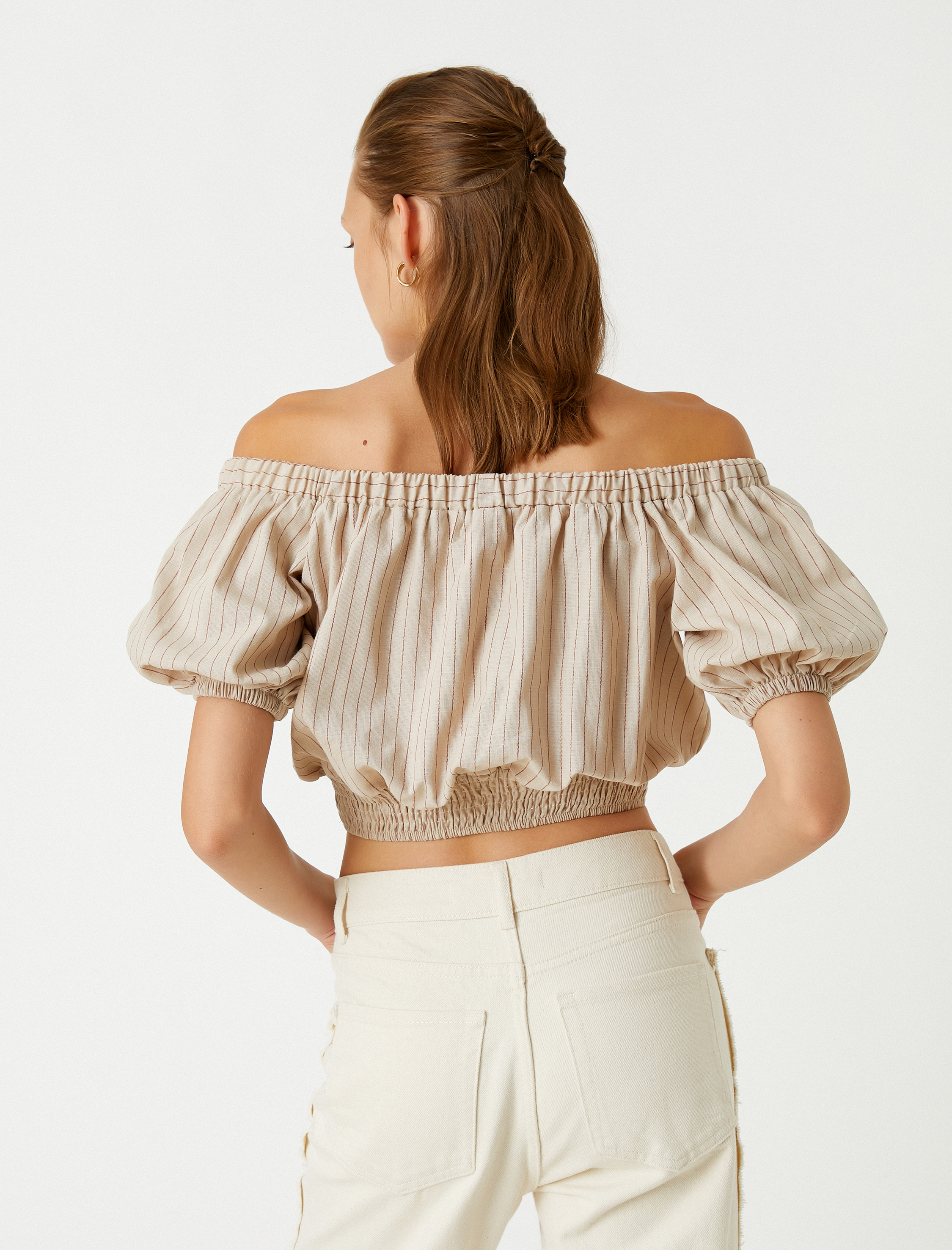   Omzu Açık Crop Bluz Beli Lastikli Keten Karışımlı
