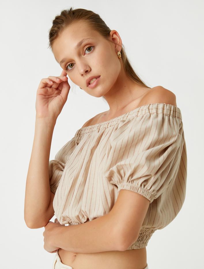  Omzu Açık Crop Bluz Beli Lastikli Keten Karışımlı