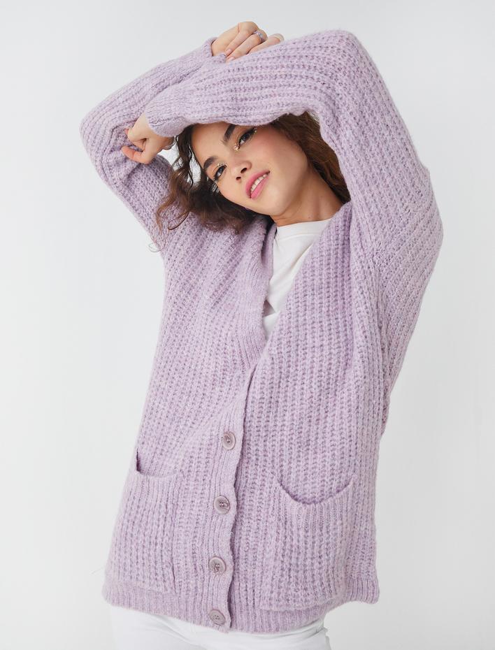  Örgü Hırka Düğmeli Uzun Kollu