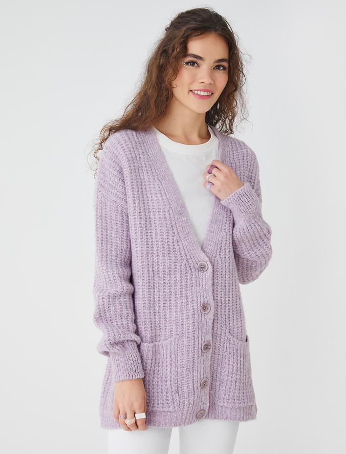  Örgü Hırka Düğmeli Uzun Kollu