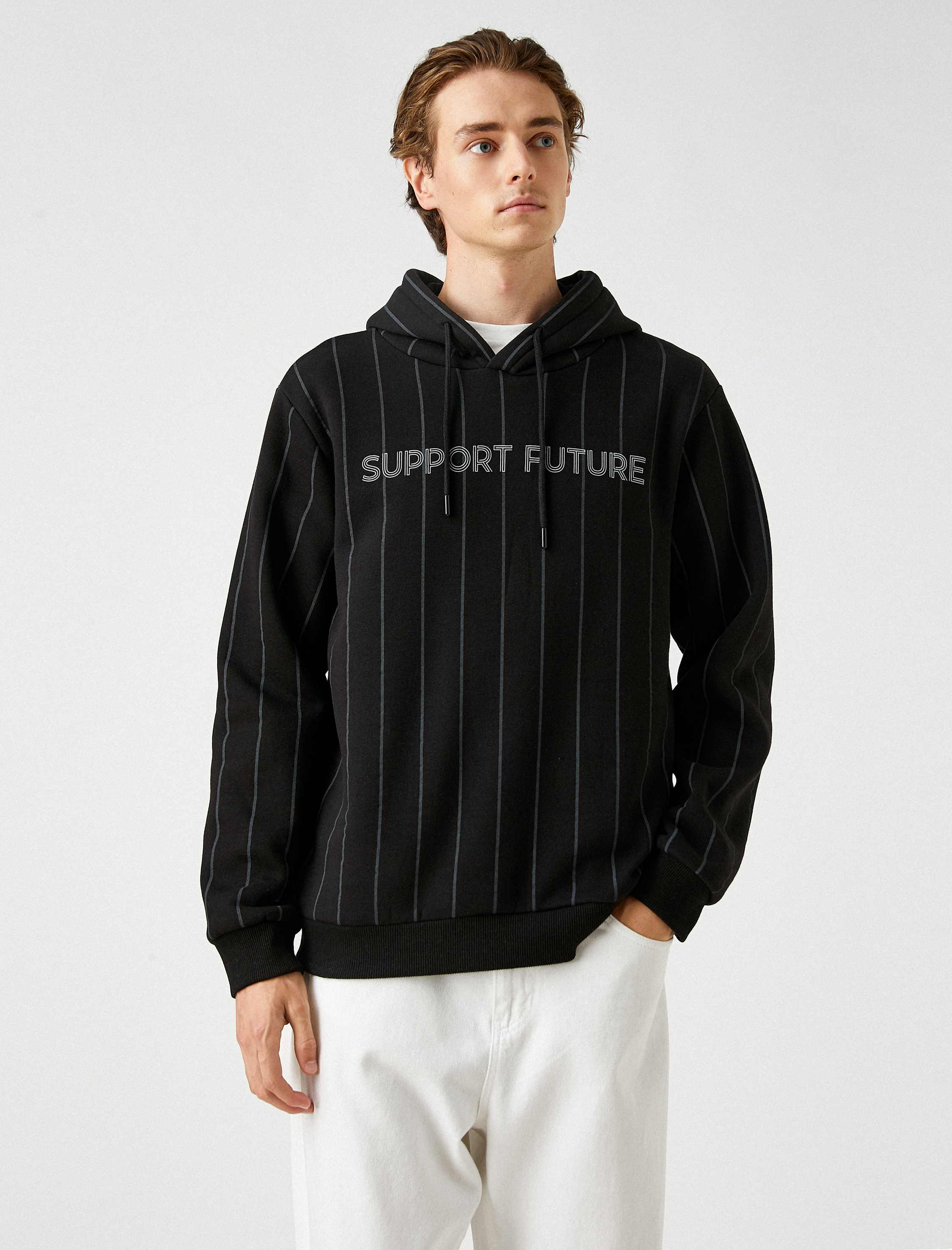   Baskılı Çizgili Kapşonlu Sweatshirt Şardonlu