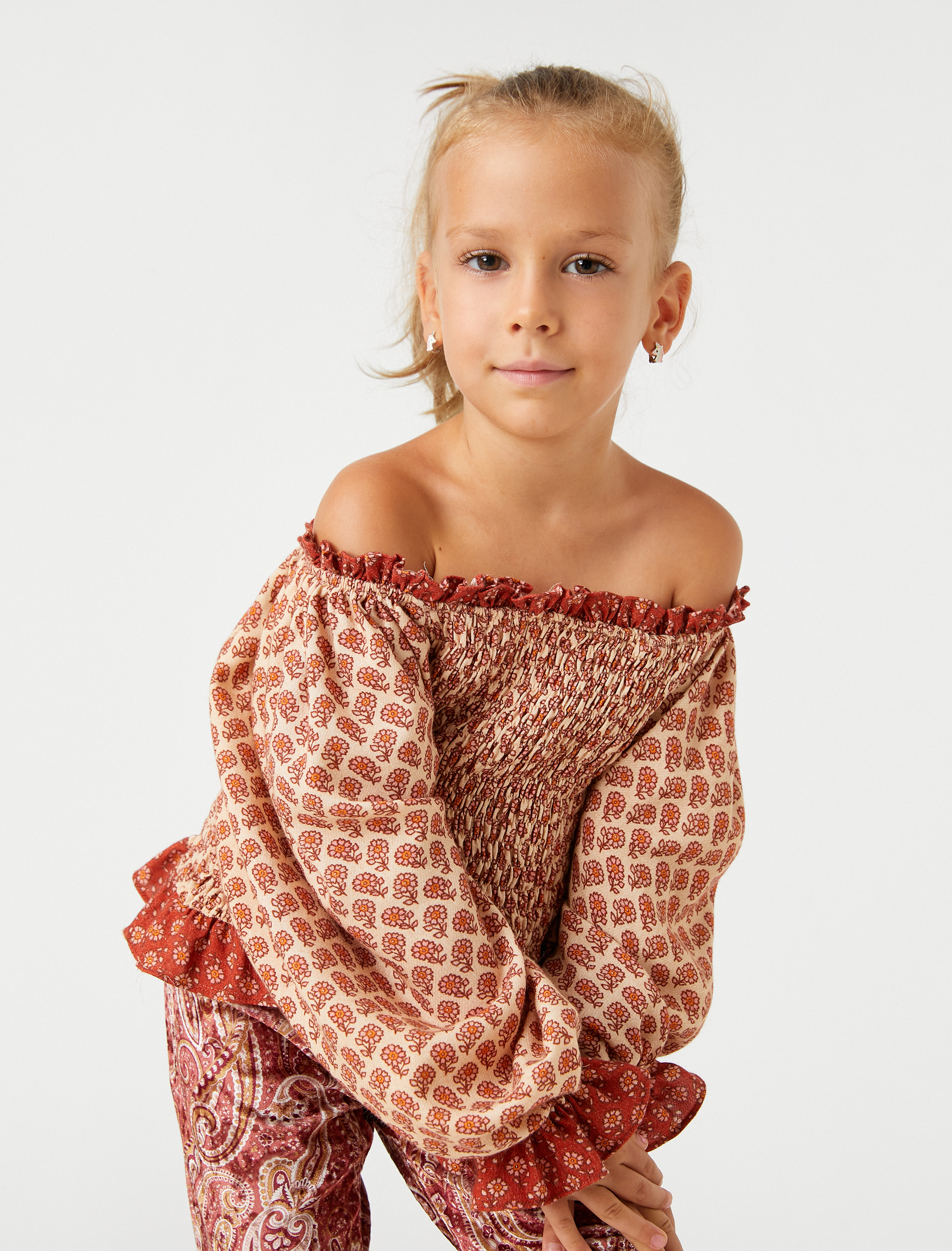  Kız Çocuk Crop Bluz Uzun Kollu Çiçekli