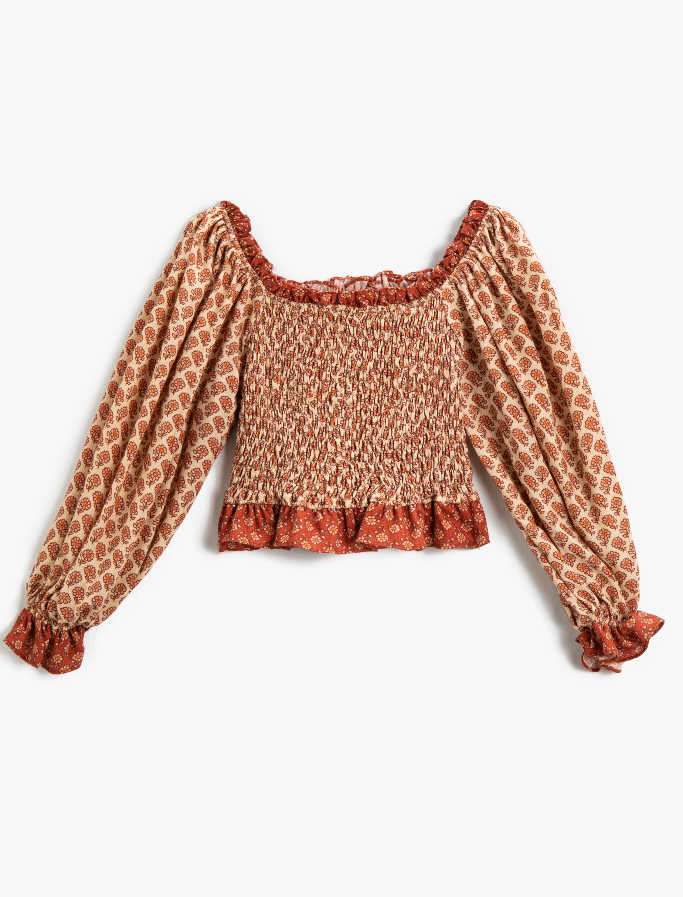  Kız Çocuk Crop Bluz Uzun Kollu Çiçekli