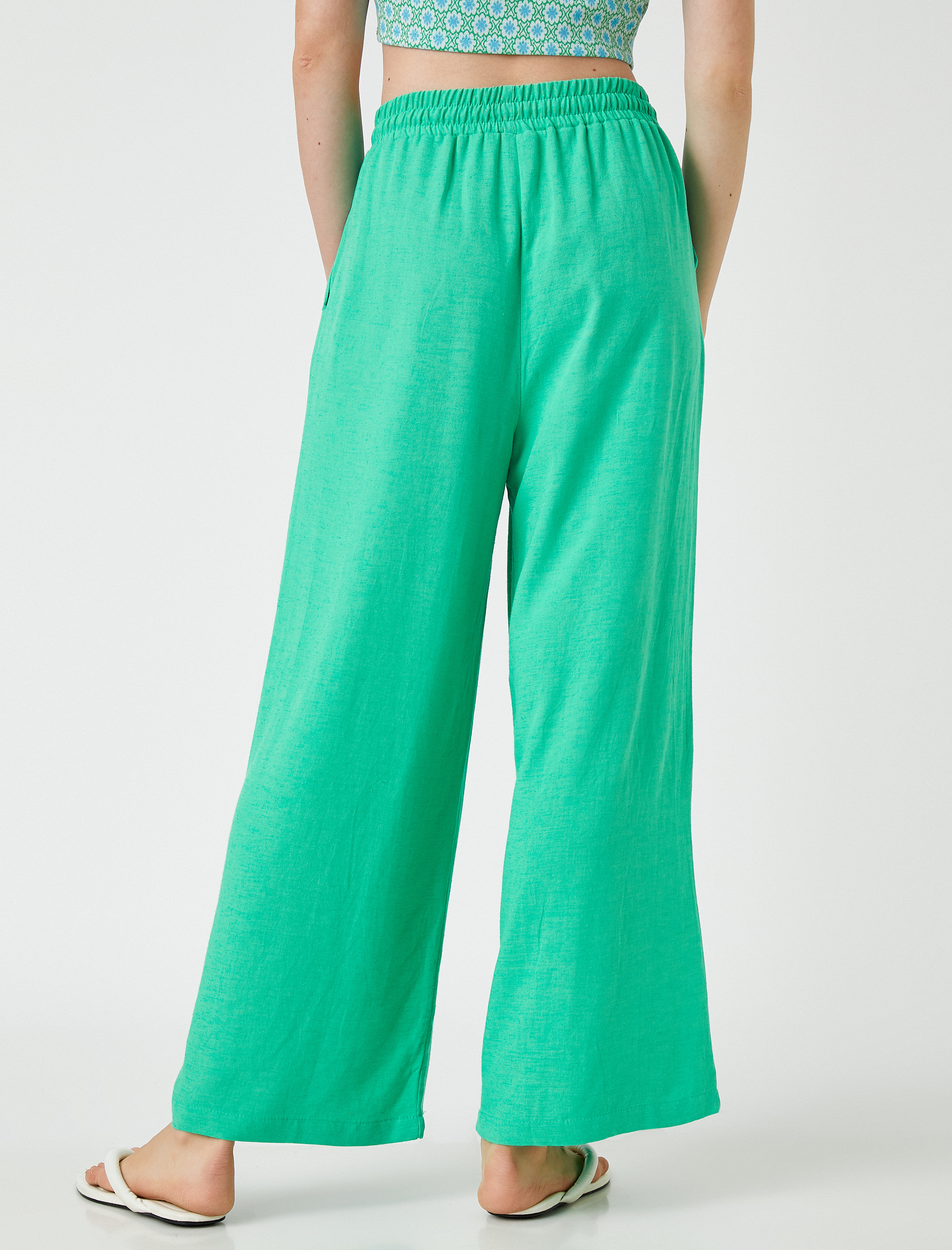   Bol Paça Pantolon Beli Bağlamalı Keten Karışımlı