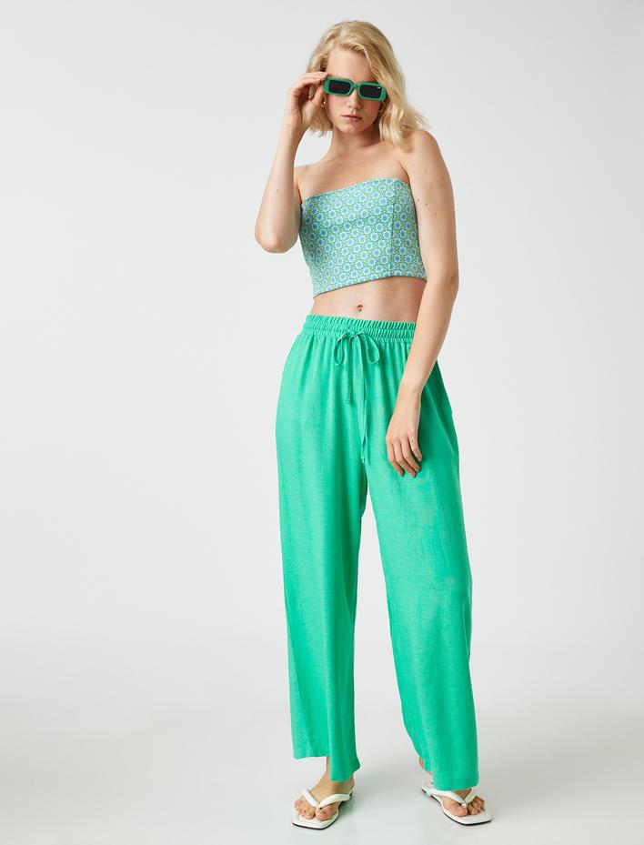  Bol Paça Pantolon Beli Bağlamalı Keten Karışımlı