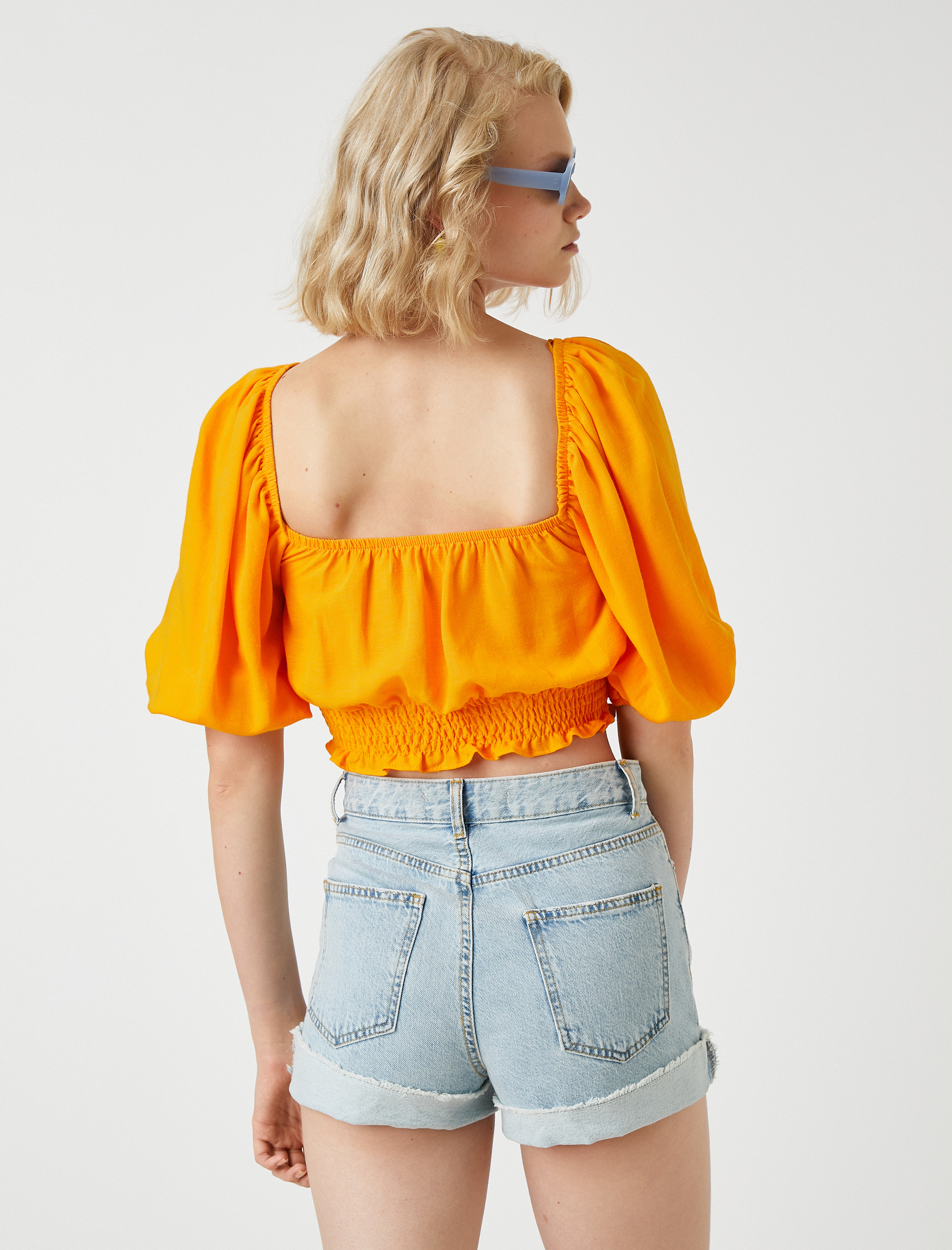 Crop Bluz Beli Lastikli Keten Karışımlı