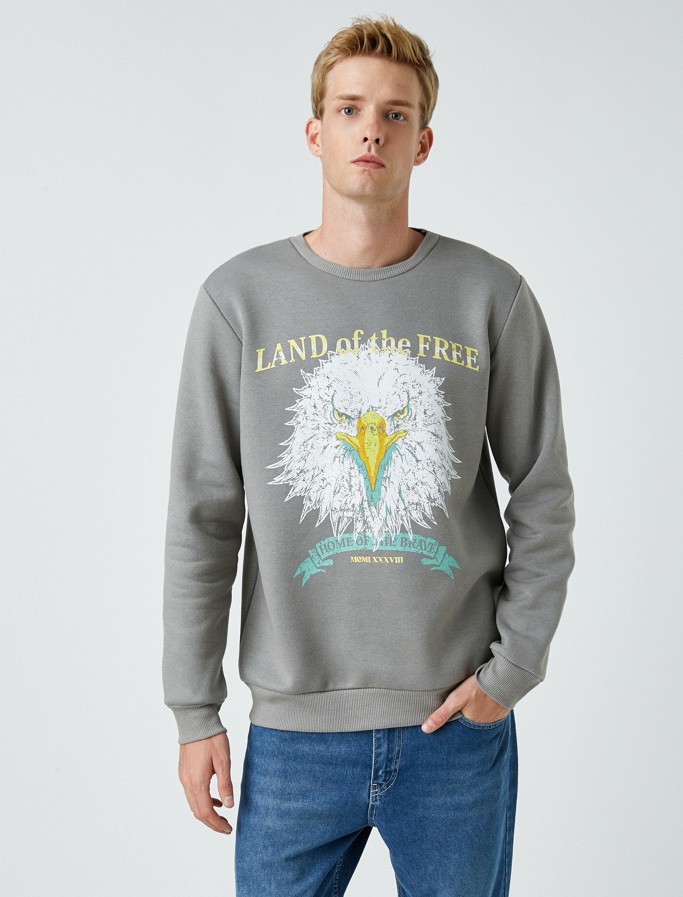 Kartal Baskılı Sweatshirt Şardonlu Bisiklet Yaka