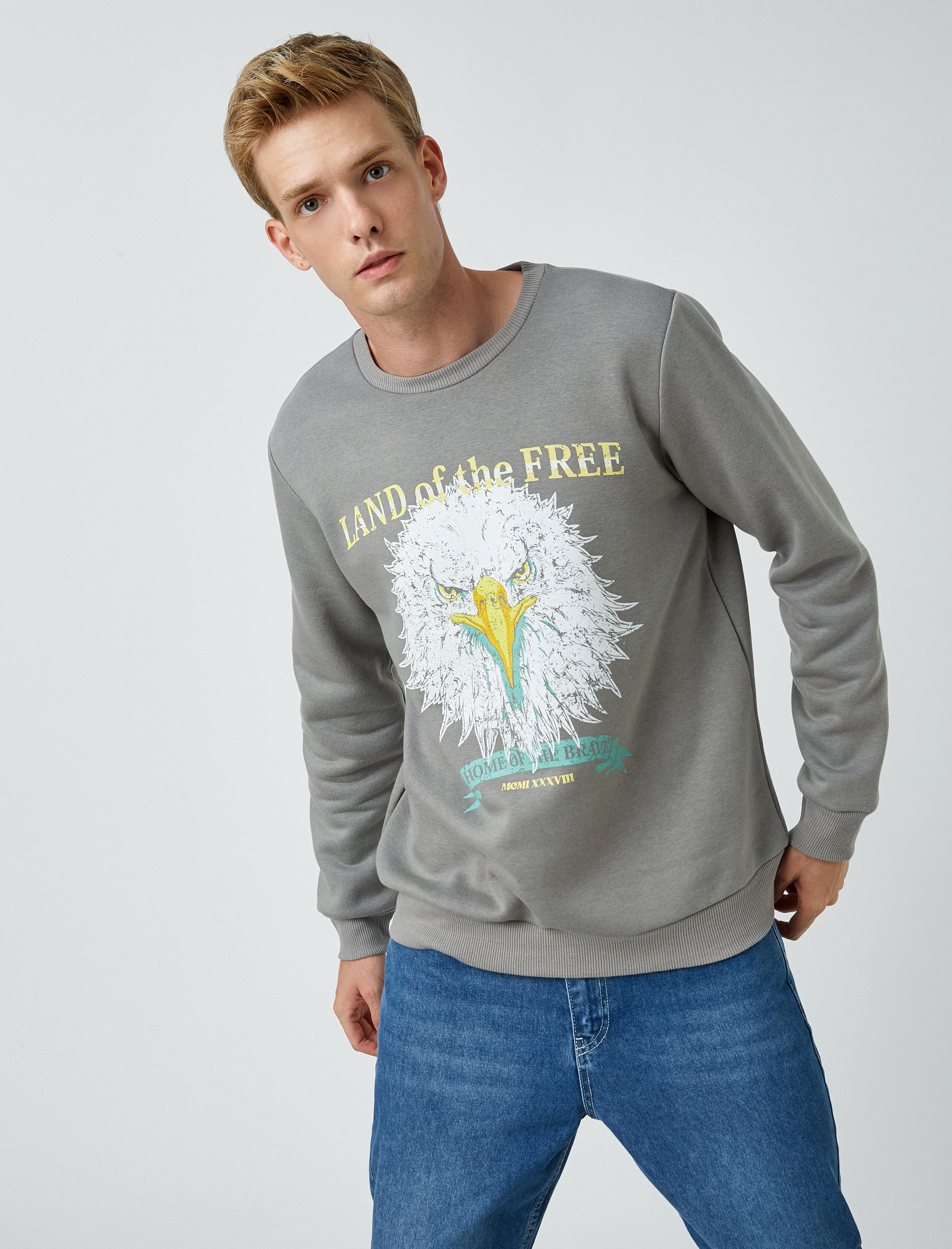 Kartal Baskılı Sweatshirt Şardonlu Bisiklet Yaka