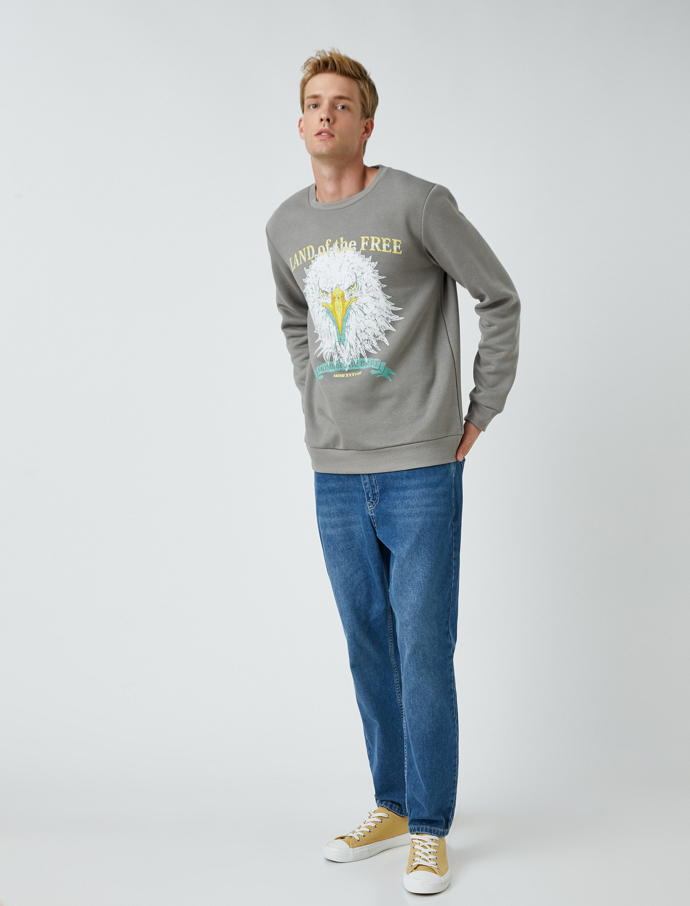 Kartal Baskılı Sweatshirt Şardonlu Bisiklet Yaka