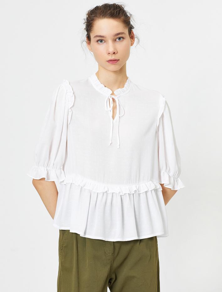  Fırfır ve Bağcık Detaylı Bol Kesim Bluz