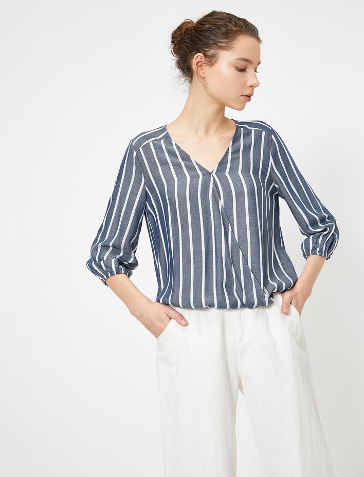  Çizgili Beli ve Kol Ağızları Lastik Büzgü Detaylı Kruvaze Bluz