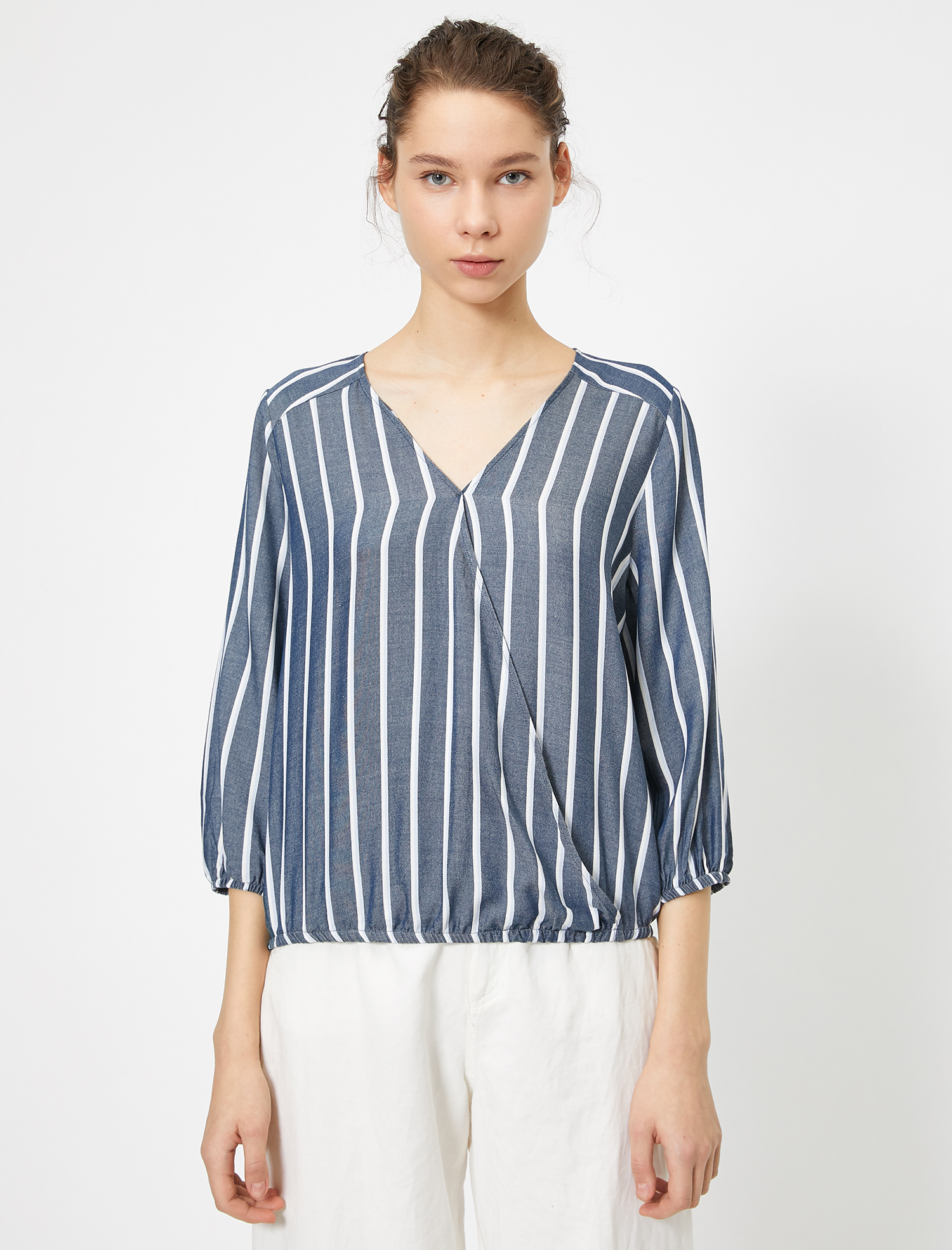   Çizgili Beli ve Kol Ağızları Lastik Büzgü Detaylı Kruvaze Bluz