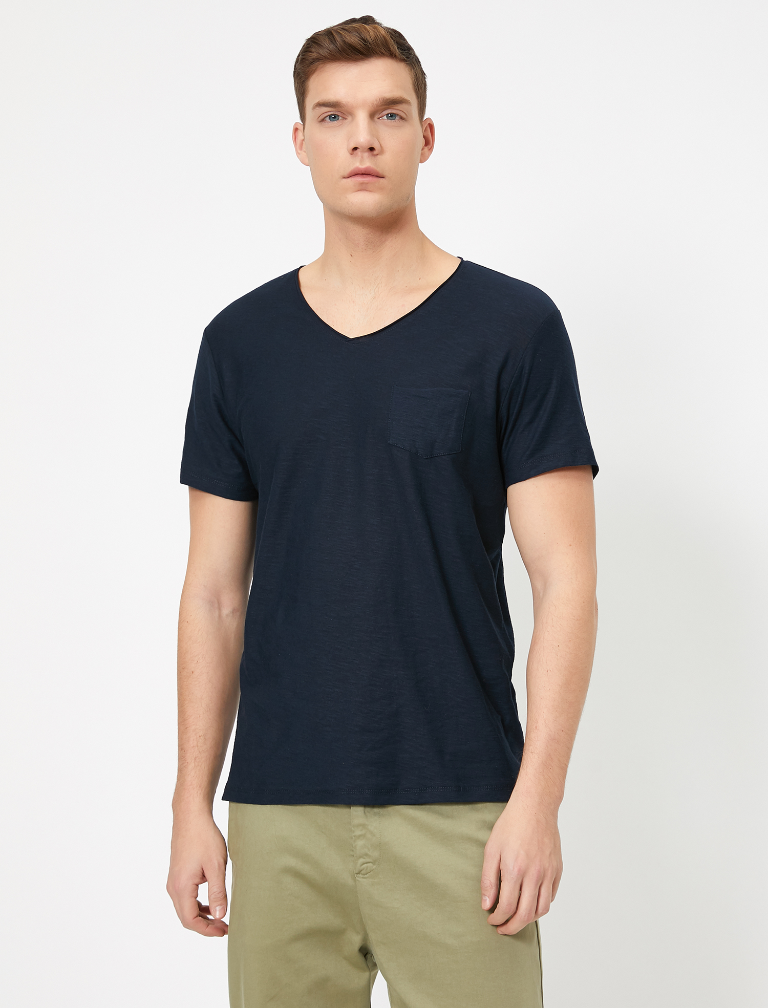   Basic Tişört V Yaka Kısa Kollu Cep Detaylı