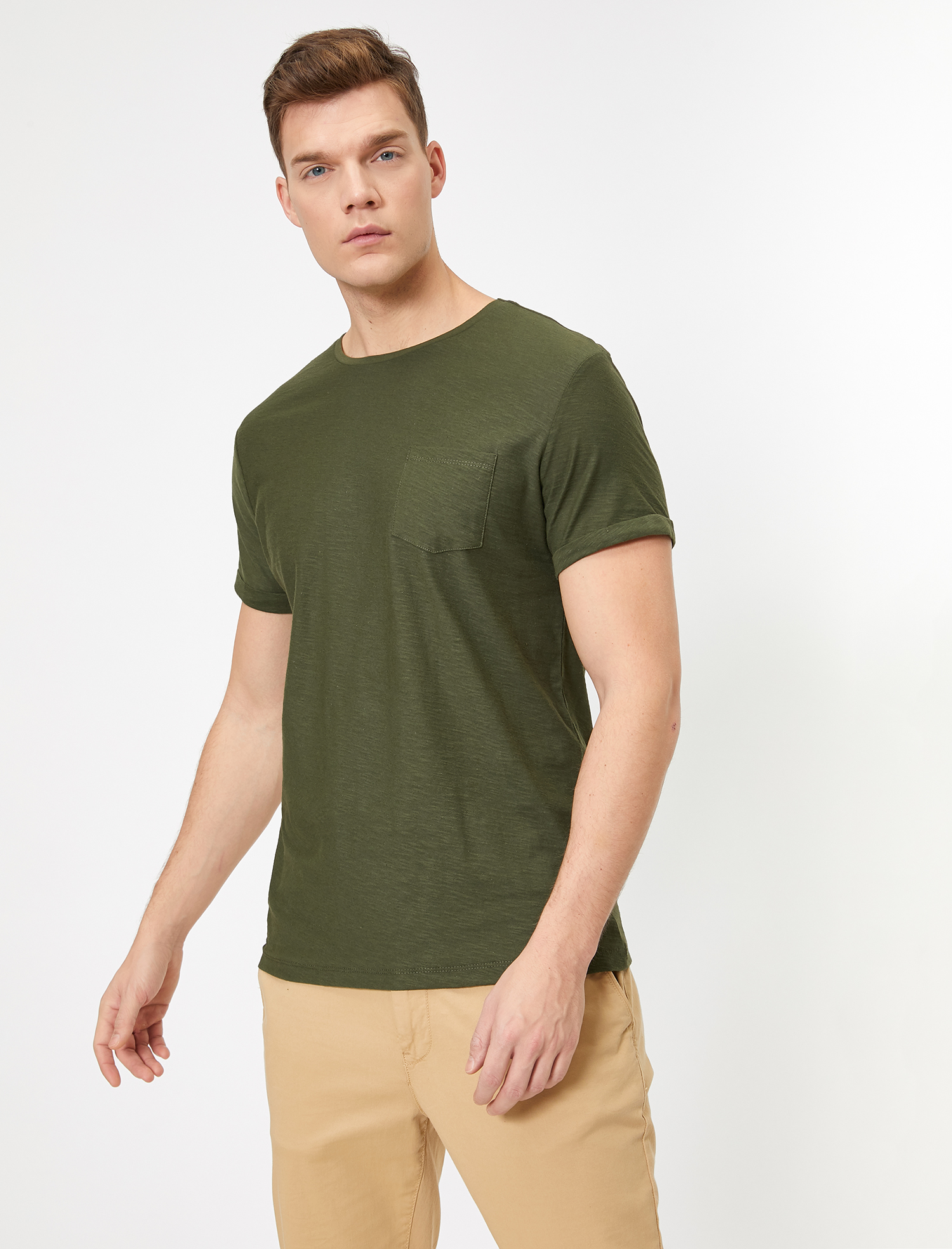 Bisiklet Yaka Cep Detaylı Flamlı Kumaş Dar Kesim Basic Tişört