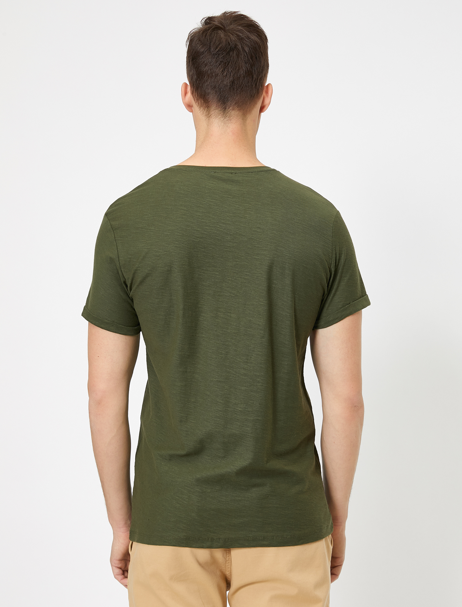 Bisiklet Yaka Cep Detaylı Flamlı Kumaş Dar Kesim Basic Tişört