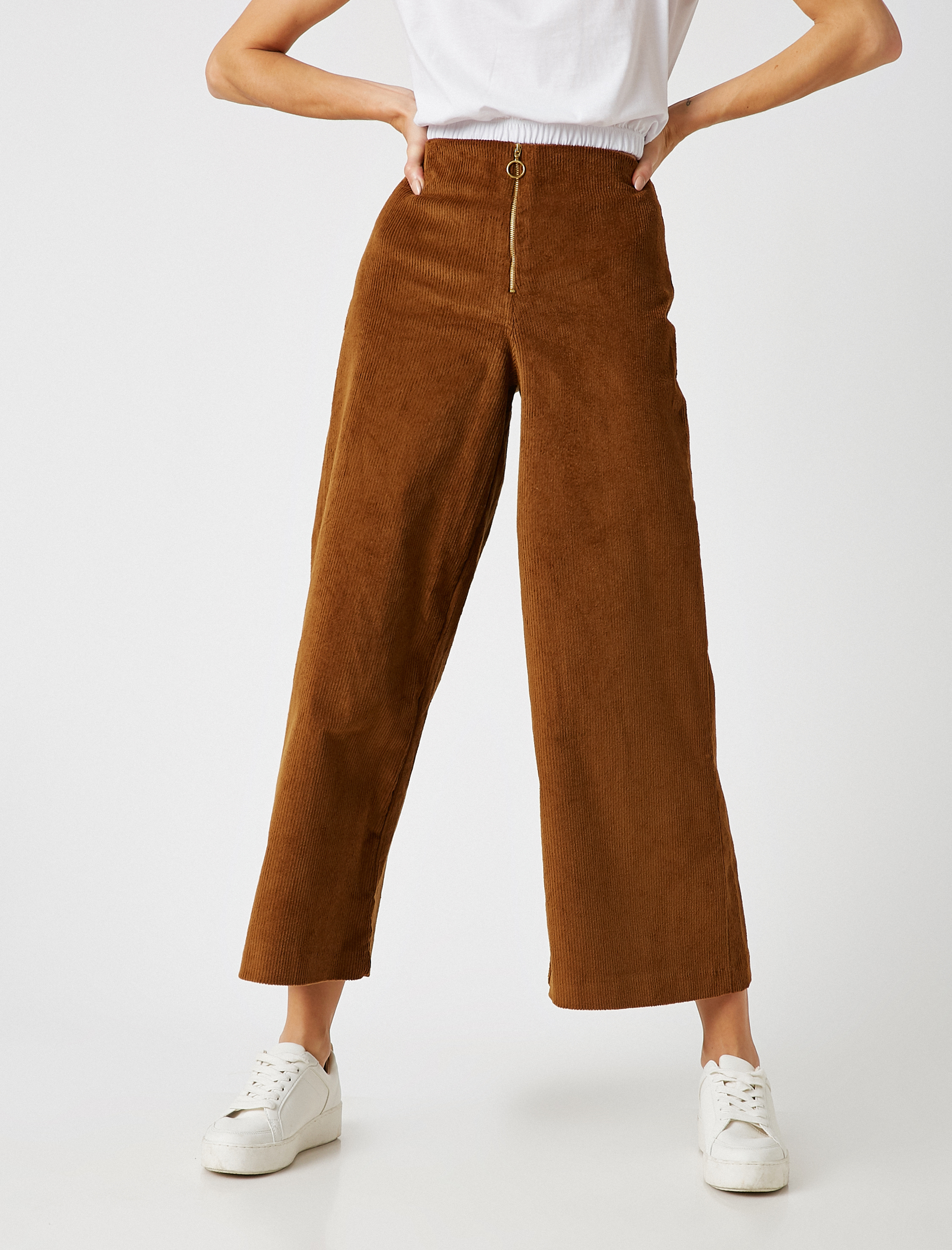   Fermuarlı Fitilli Kadife Geniş Paça Pantolon