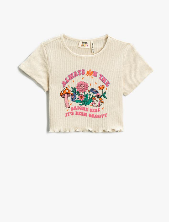 Kız Çocuk Baskılı Crop Tişört Fitilli Bisiklet Yaka Pamuklu