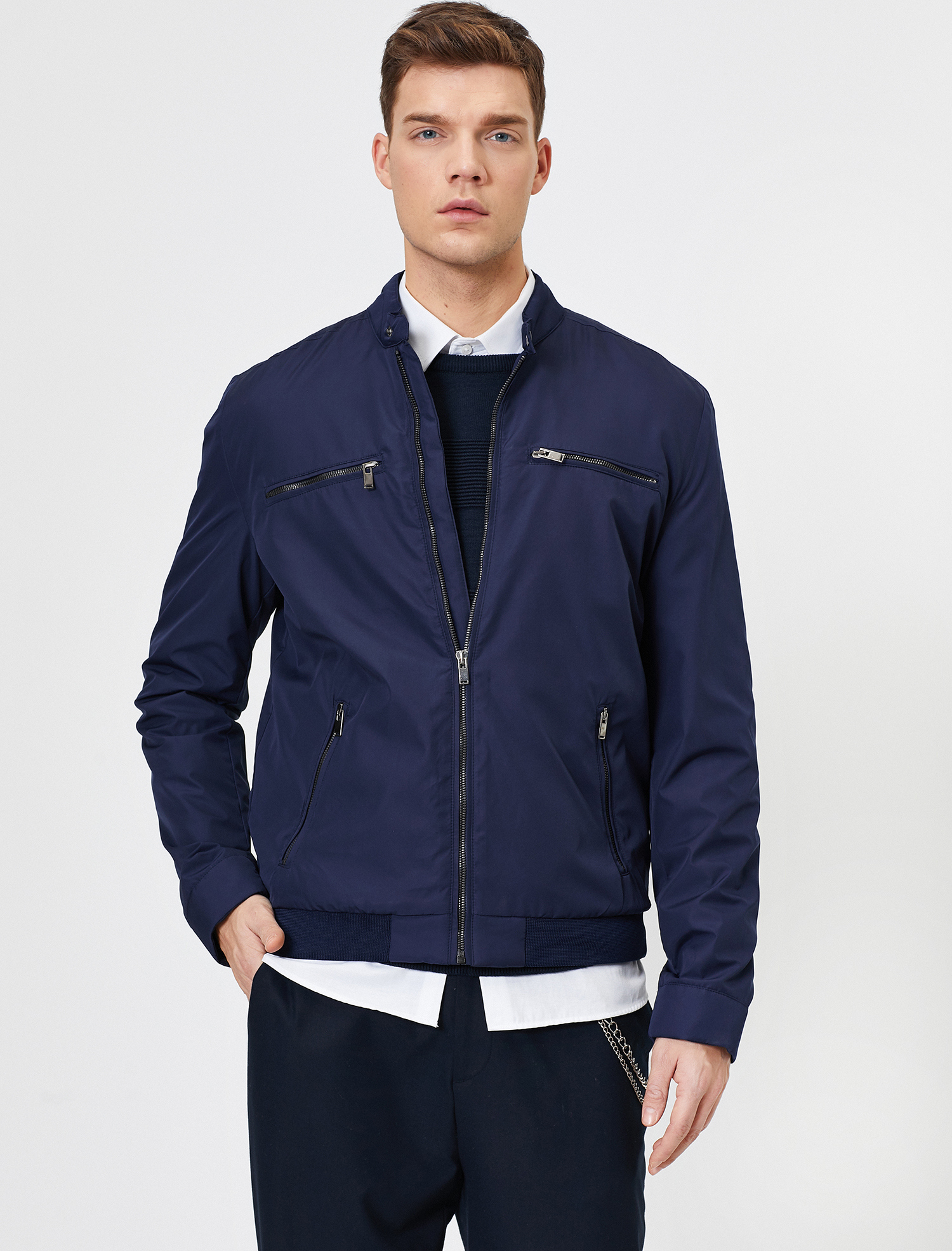 Fermuar Detaylı Astarı Çizgili Baskılı Mont