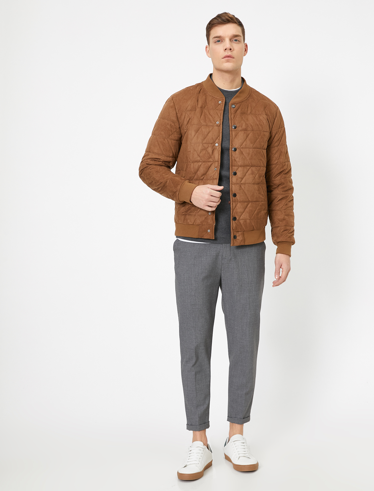   Bomber Yaka Ribanalı Kapitone Süet Görünümlü Mont