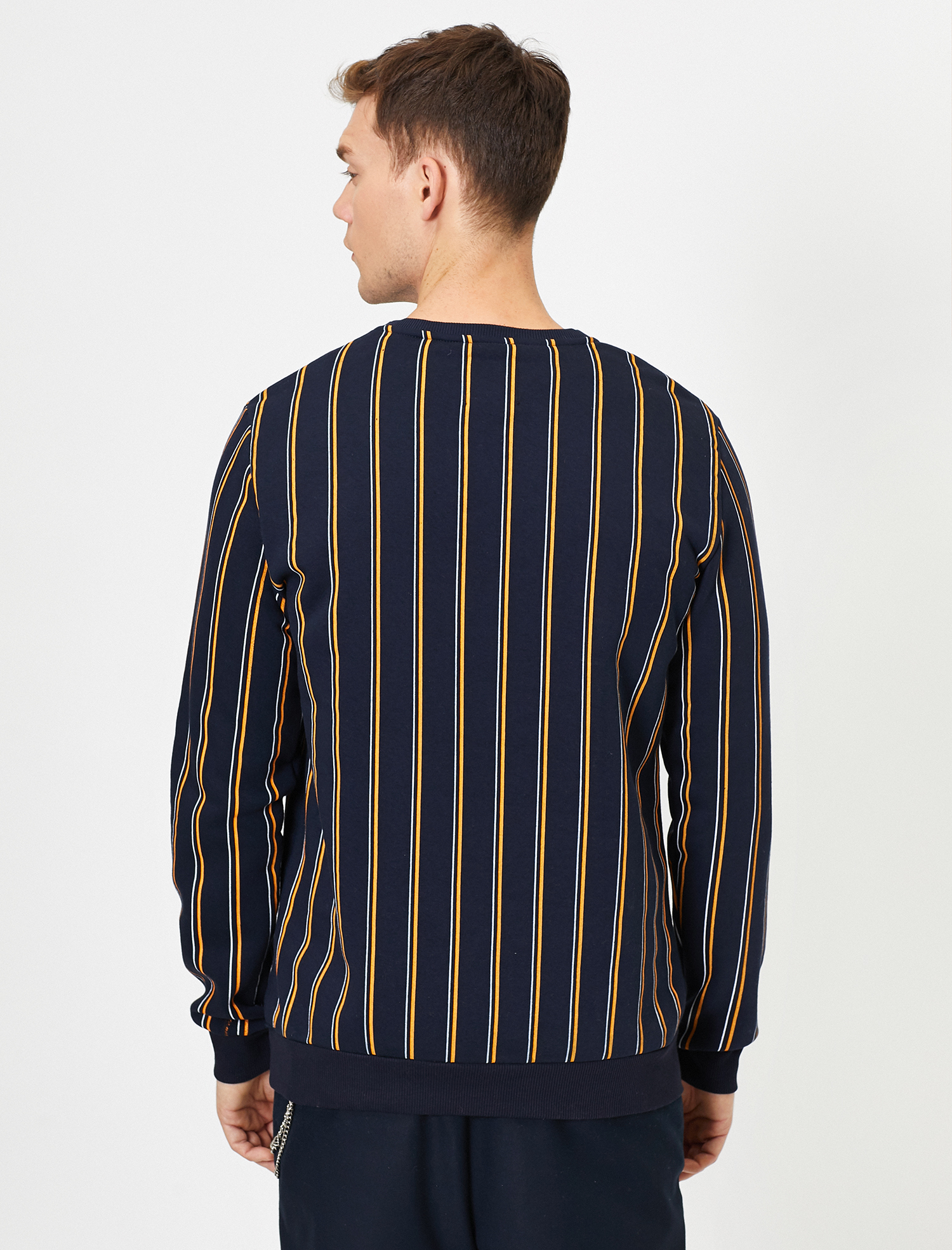 Lacivert Erkek Dikey Çizgili Slogan Baskılı Bisiklet Yaka