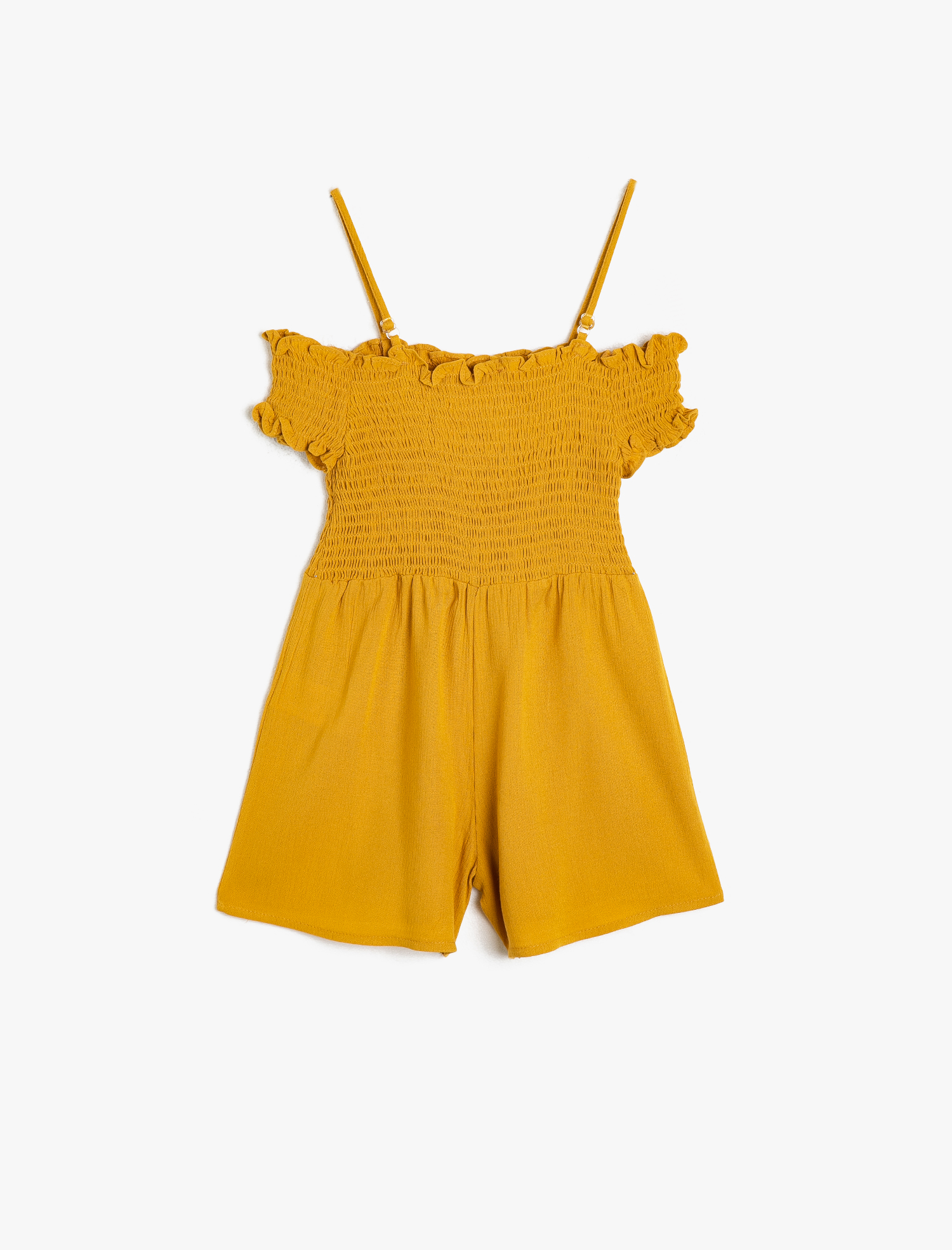  Kız Çocuk İnce Dökümlü Dokulu Kumaştan Omzu Açık Askılı Kısa Şortlu Tulum