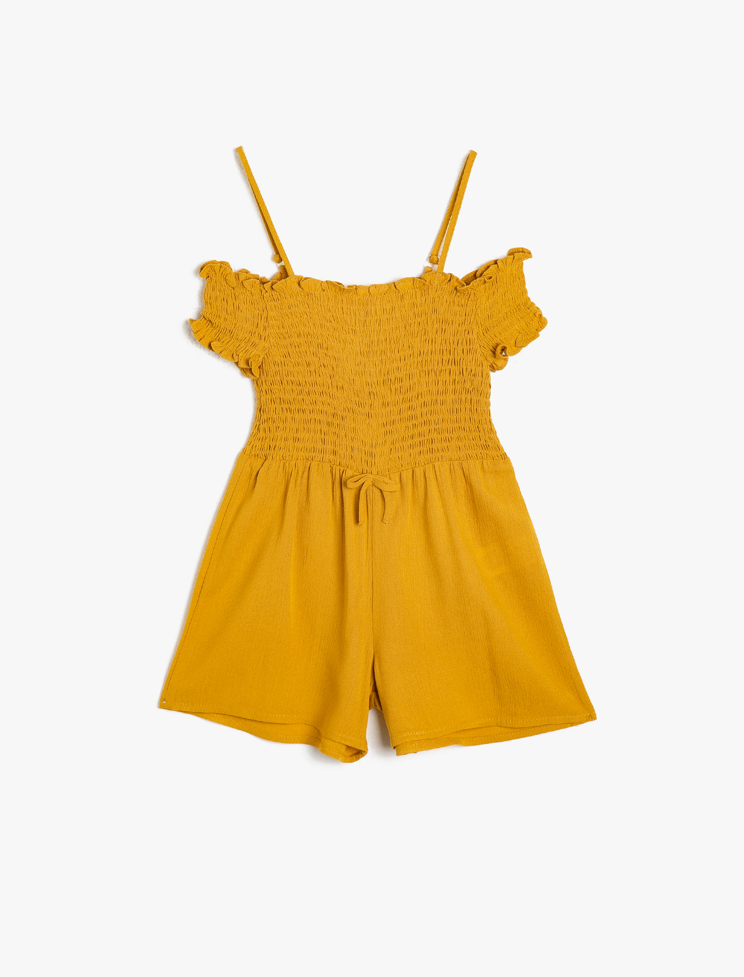  Kız Çocuk İnce Dökümlü Dokulu Kumaştan Omzu Açık Askılı Kısa Şortlu Tulum