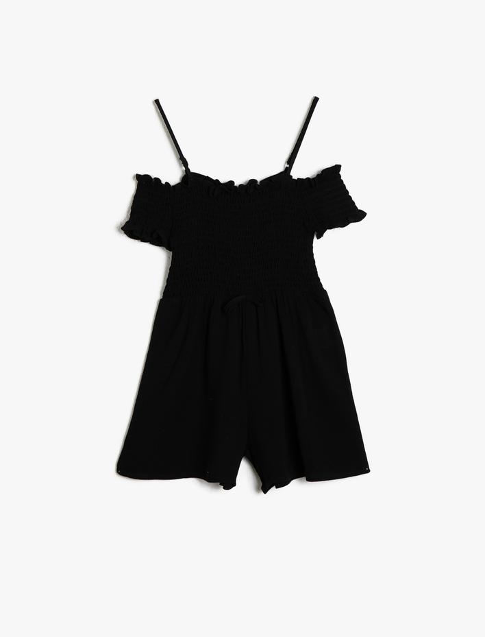 Kız Çocuk İnce Dökümlü Dokulu Kumaştan Omzu Açık Askılı Kısa Şortlu Tulum