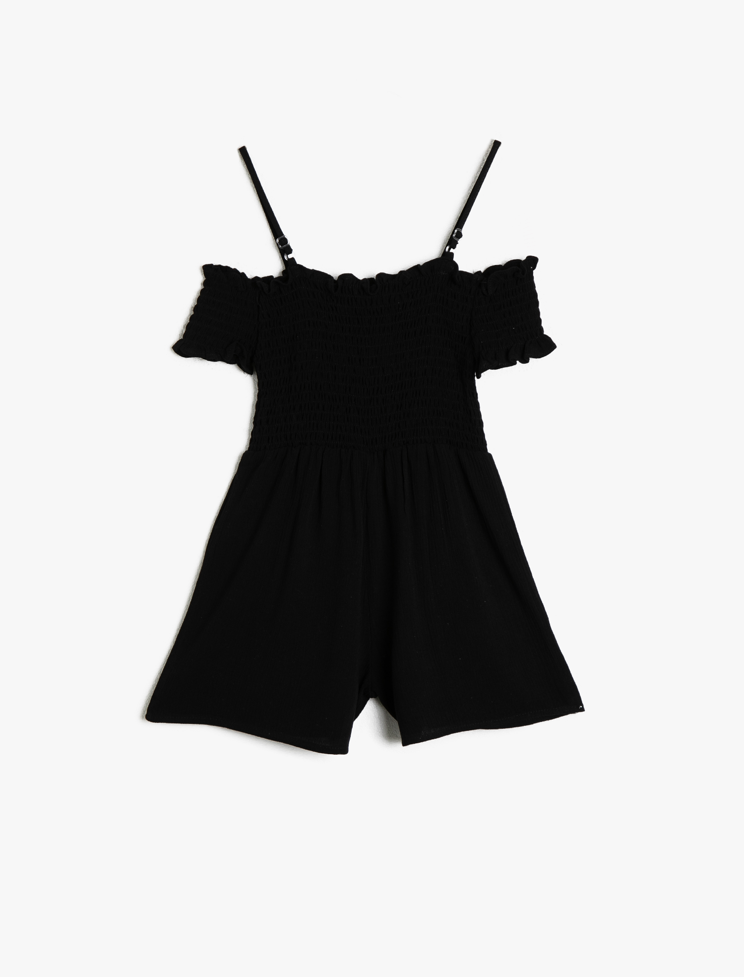  Kız Çocuk İnce Dökümlü Dokulu Kumaştan Omzu Açık Askılı Kısa Şortlu Tulum