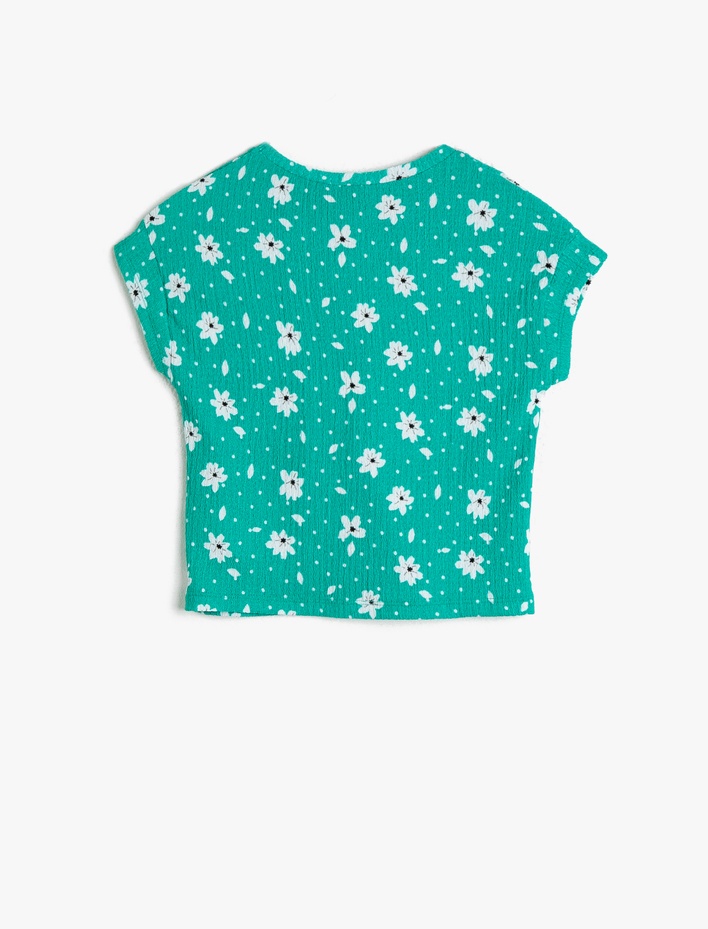 Kız Çocuk Çiçekli Dokulu Esnek Kumaştan Bisiklet Yaka Kısa Kollu Tişört