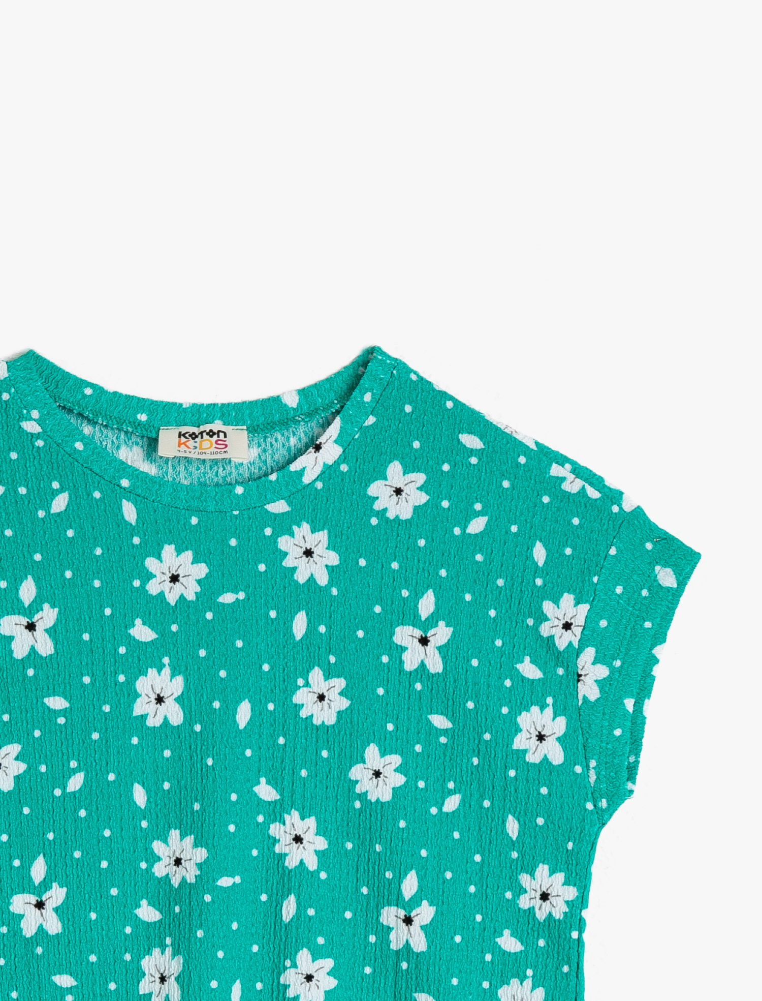  Kız Çocuk Çiçekli Dokulu Esnek Kumaştan Bisiklet Yaka Kısa Kollu Tişört