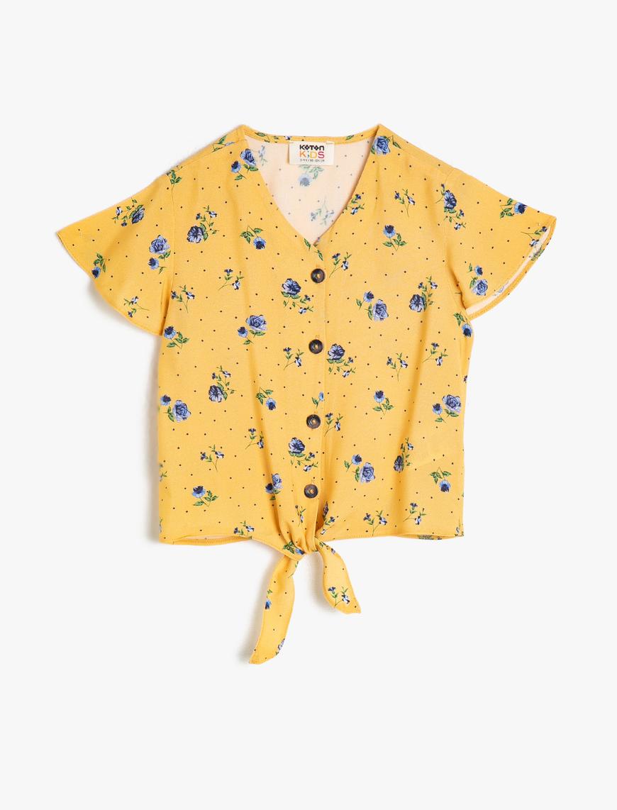  Kız Çocuk Çiçekli Dökümlü Kumaştan Fırfırlı Belden Bağlamalı Gömlek