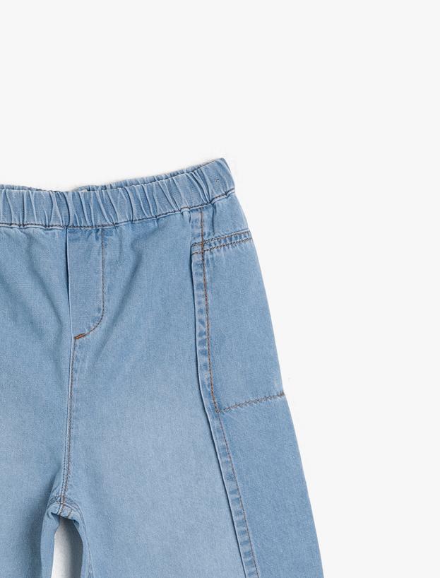  Kız Çocuk Beli Lastikli Bol Kesim Paçası Bol Dökümlü Kısa Paça Normal Bel Jean Pantolon