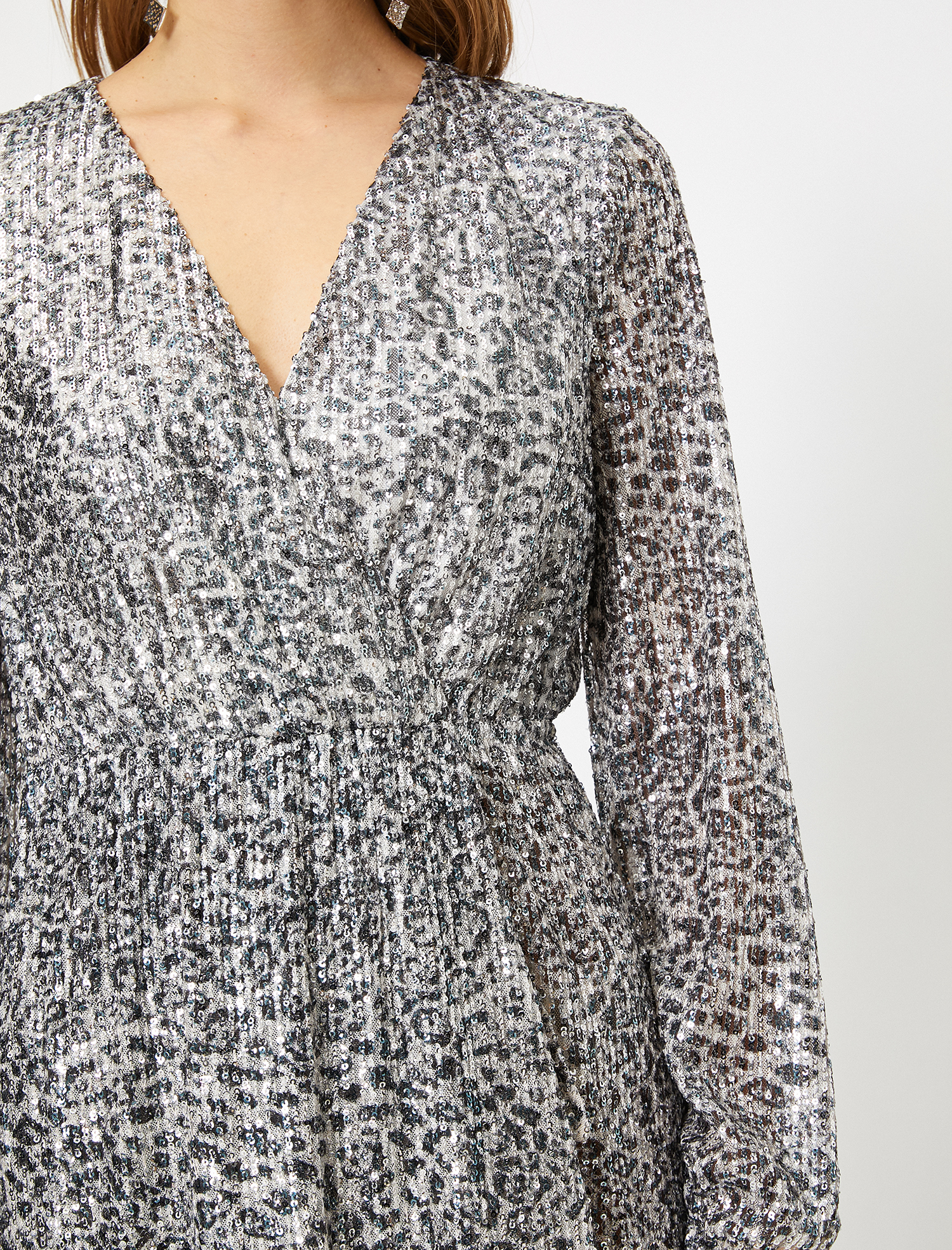   Payetli Abiye Elbise Beli Büzgülü Kruvaze