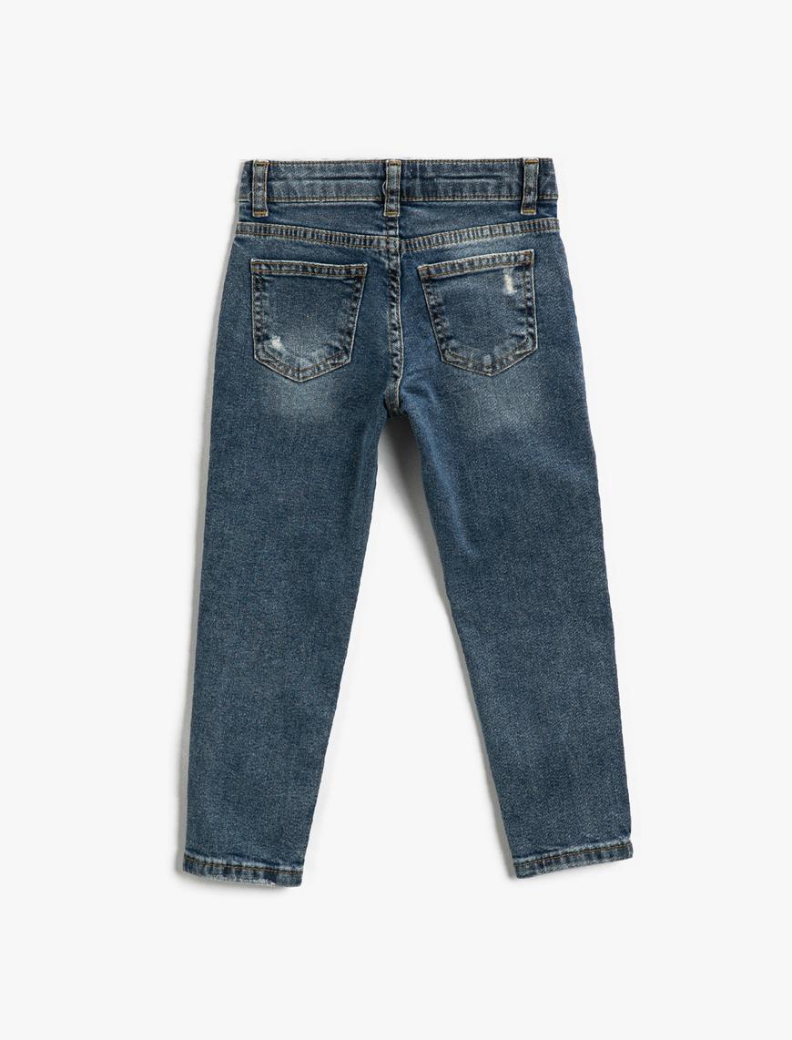  Erkek Çocuk Kot Pantolon Beli Bağlamalı Yıpratılmış Cepli Pamuklu - Skinny Jean