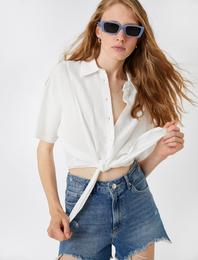 Oversize Crop Gömlek Bağlama Detaylı Keten Karışımlı