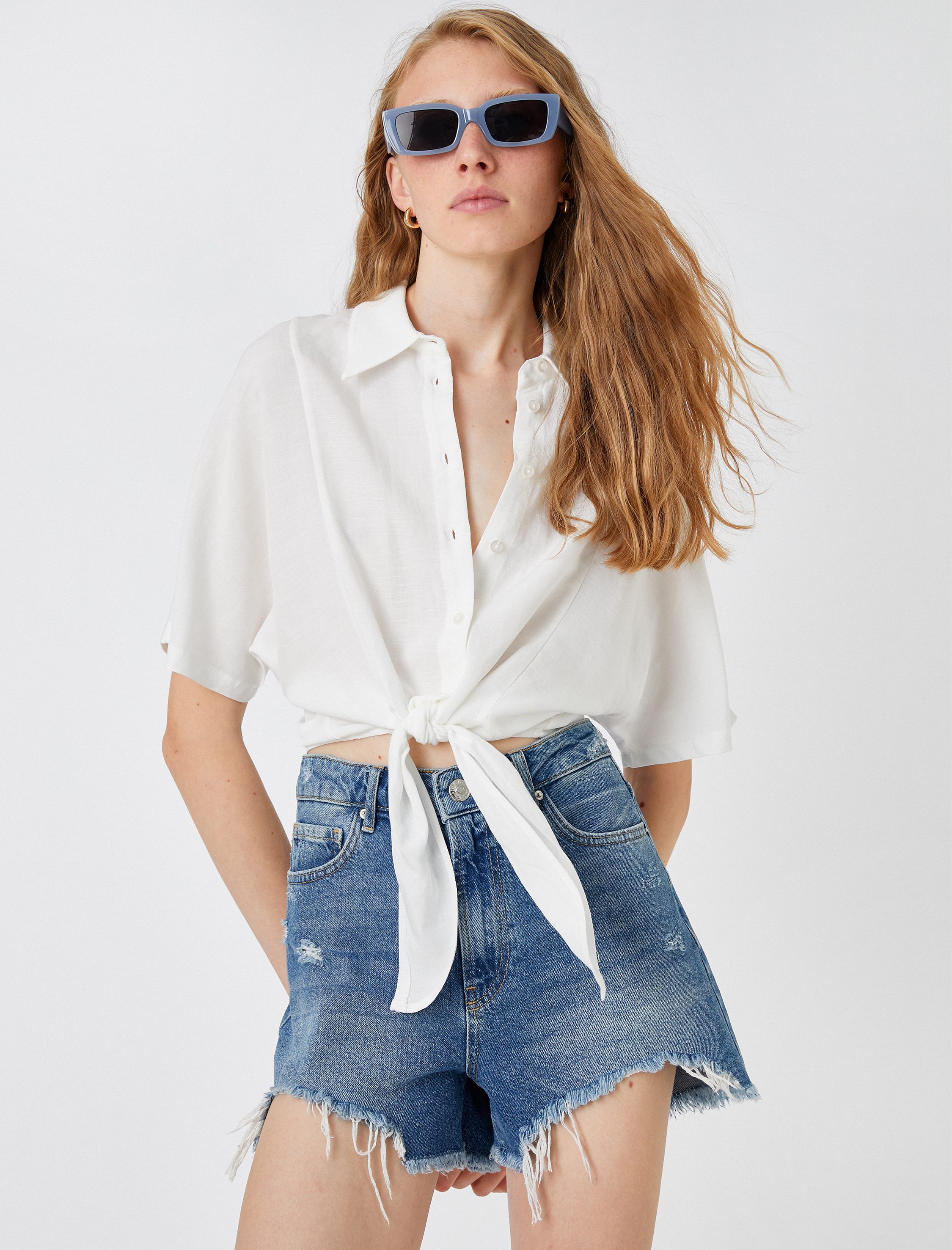   Oversize Crop Gömlek Bağlama Detaylı Keten Karışımlı