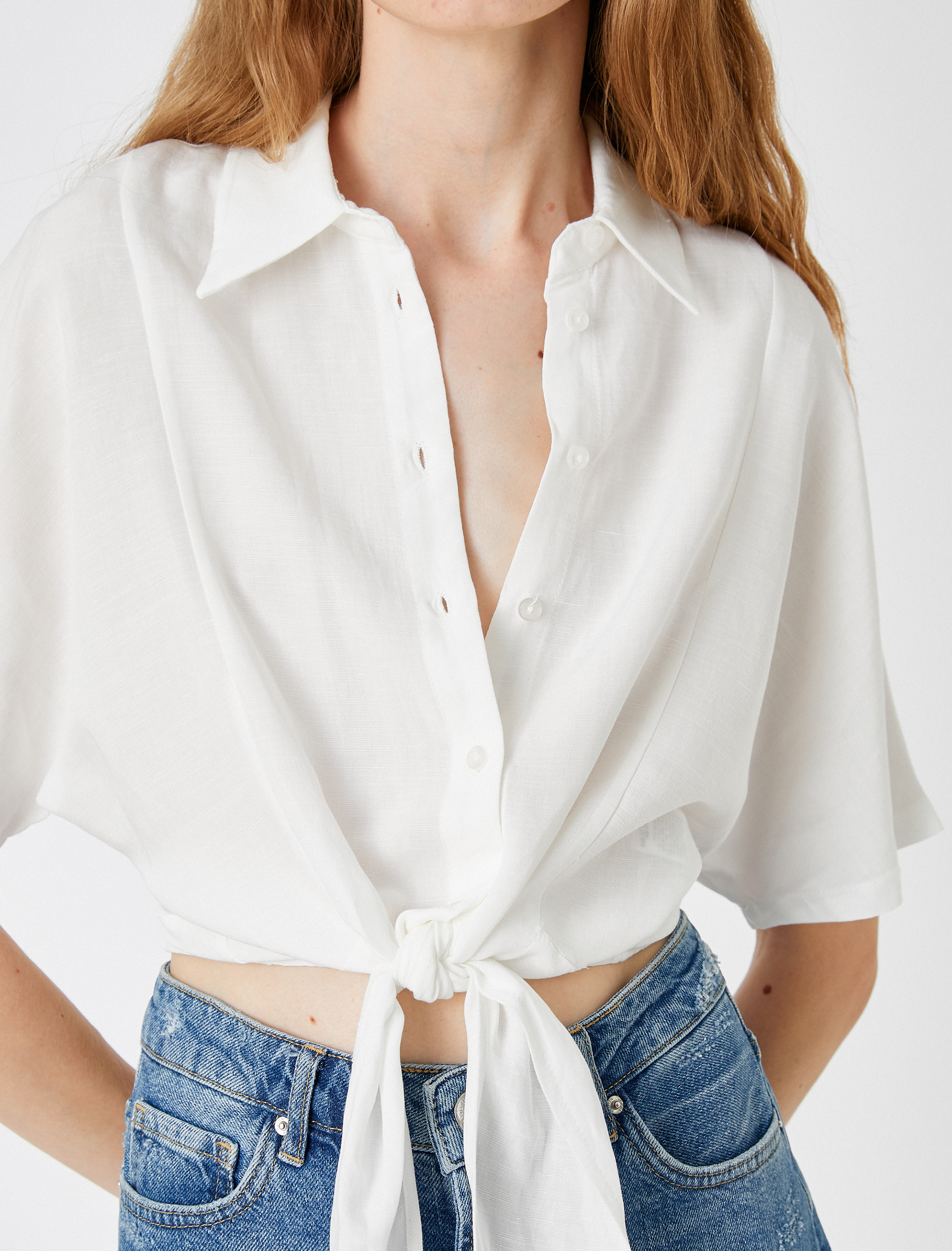   Oversize Crop Gömlek Bağlama Detaylı Keten Karışımlı
