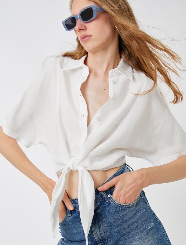  Oversize Crop Gömlek Bağlama Detaylı Keten Karışımlı