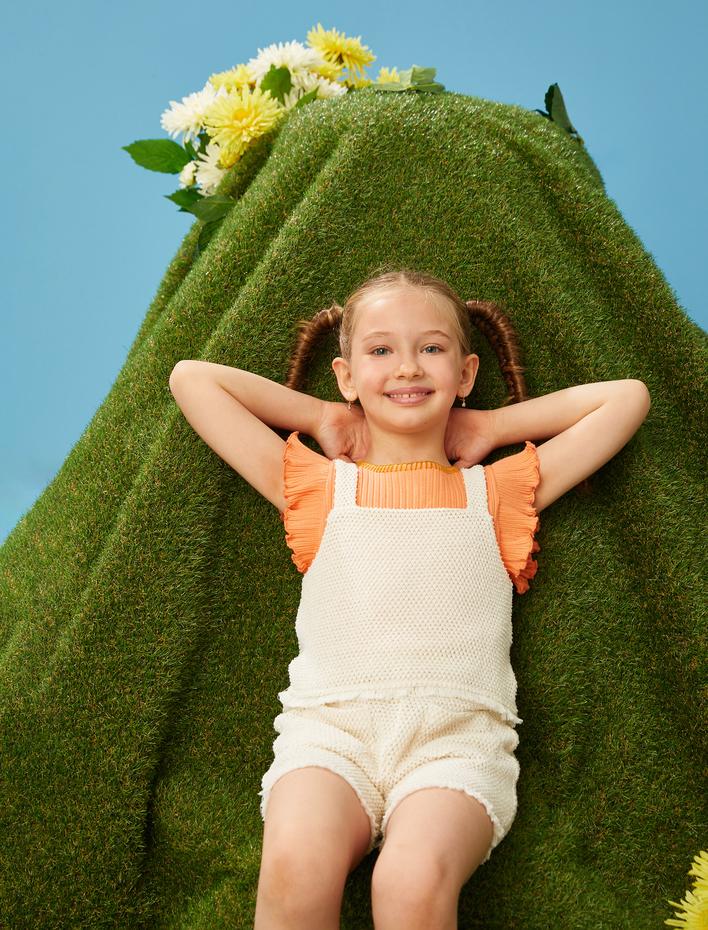 Kız Çocuk Fırfırlı Kolsuz Crop Üst Ribanalı Pamuklu