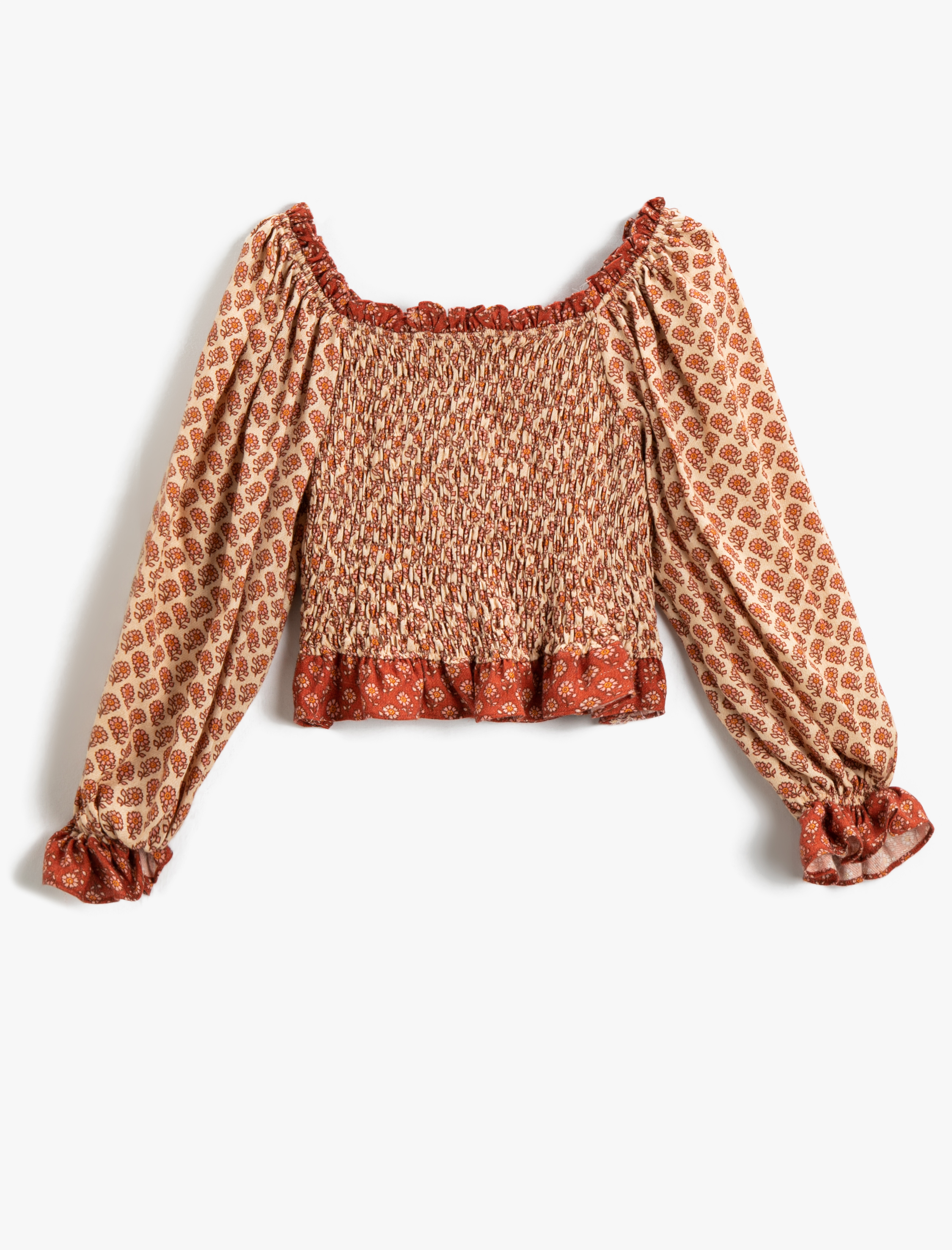  Kız Çocuk Crop Bluz Uzun Kollu Çiçekli