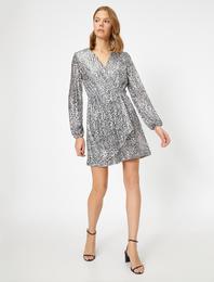 Payetli Abiye Elbise Beli Büzgülü Kruvaze