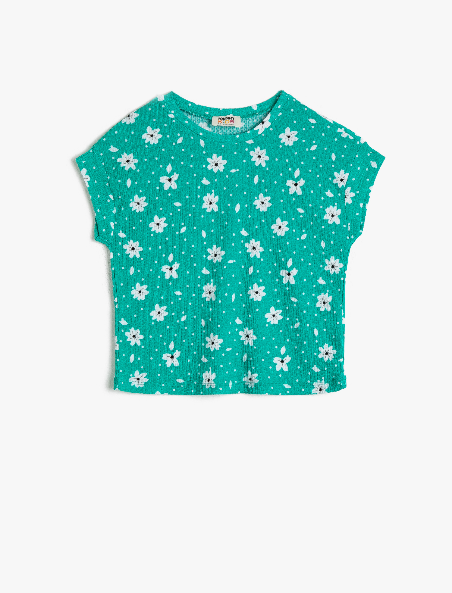  Kız Çocuk Çiçekli Dokulu Esnek Kumaştan Bisiklet Yaka Kısa Kollu Tişört