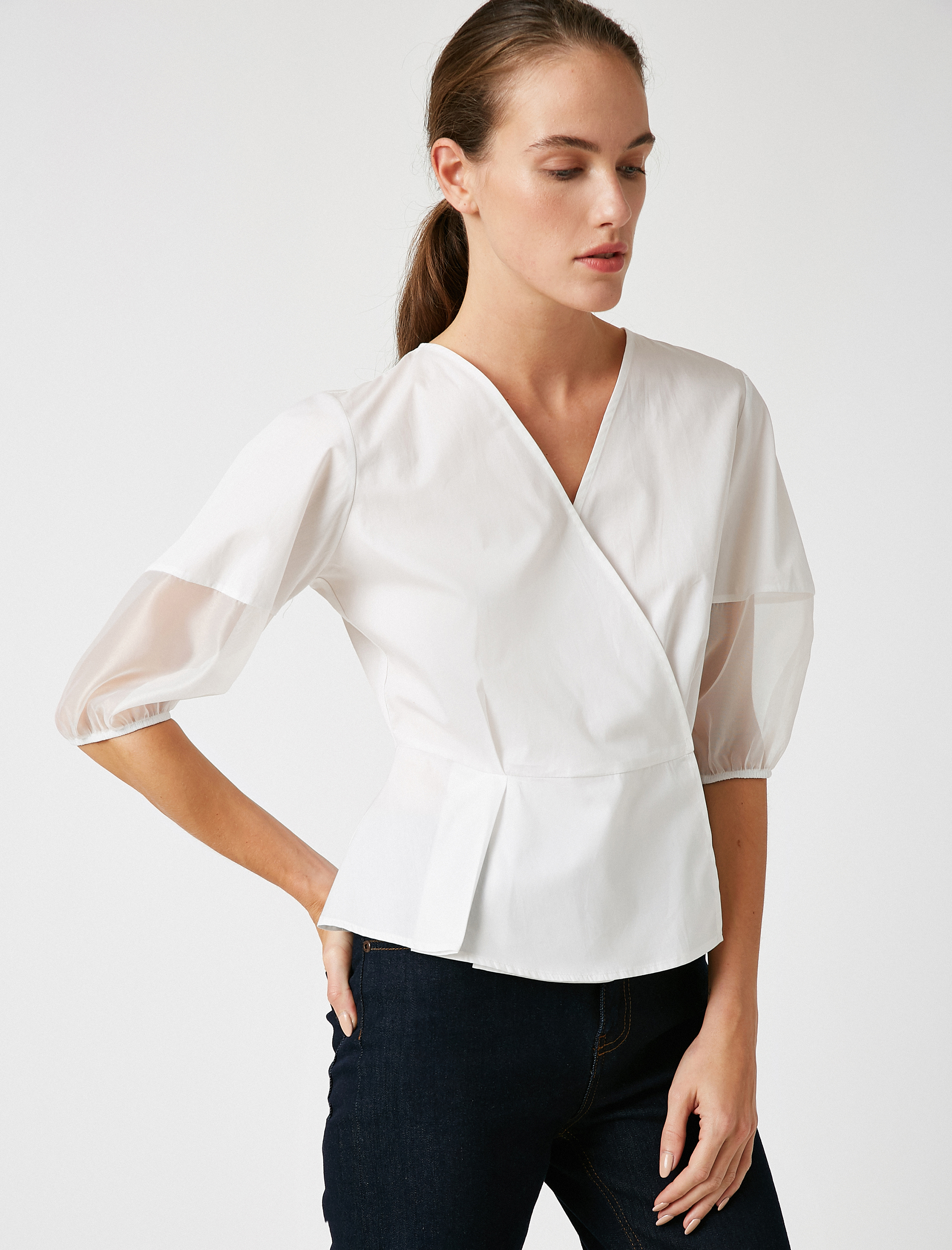   Poplin Bluz Tül Detaylı