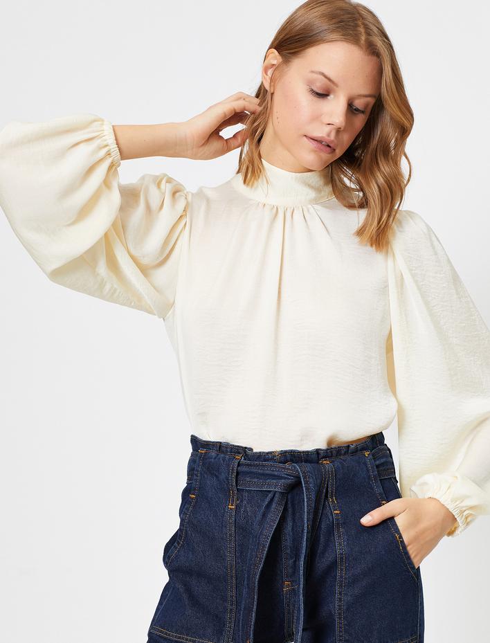  Saten Balon Kollu Bluz